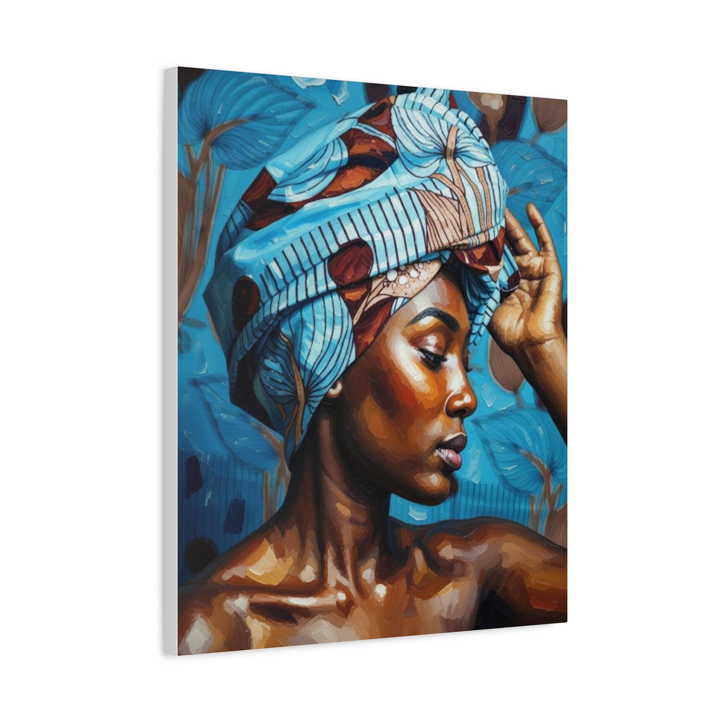 African Woman Portrait Canvas Wall Art - Blue Headwrap Matte Stretched Canvas