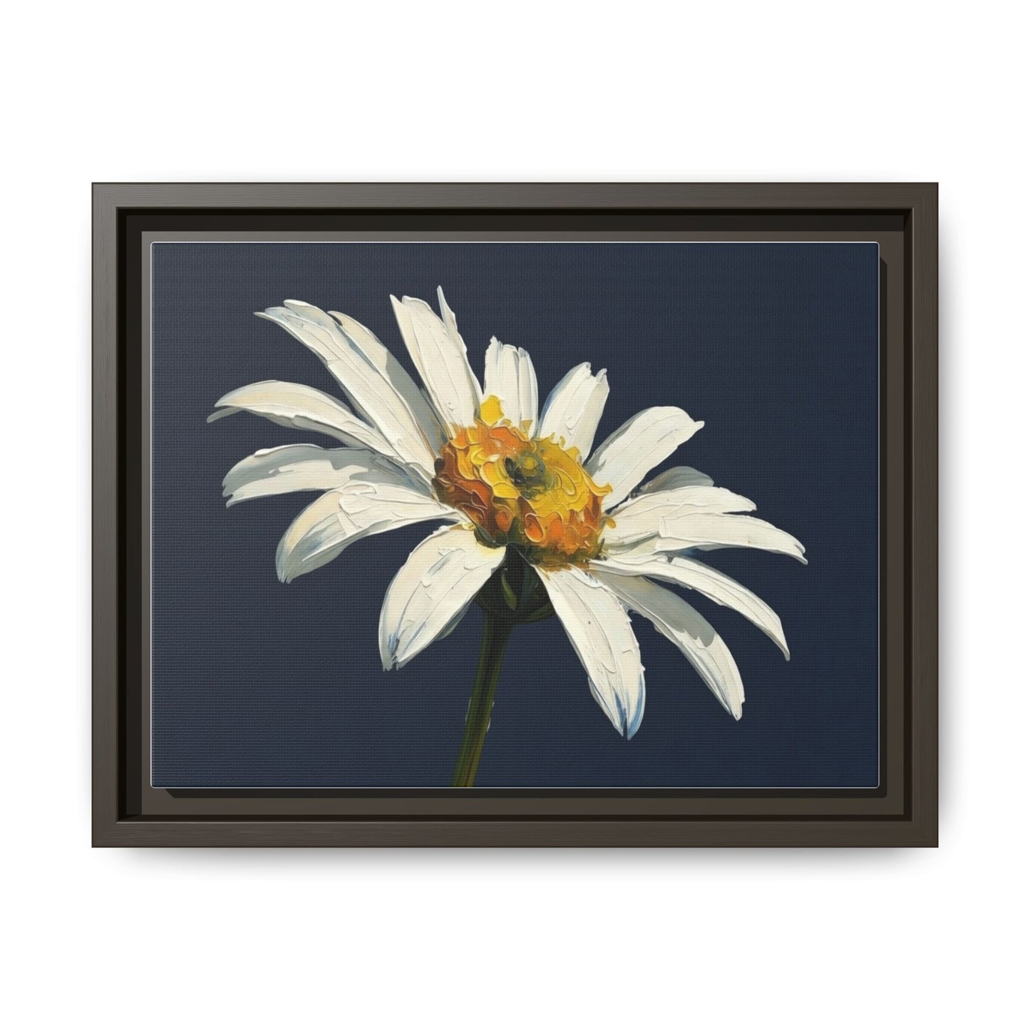 Framed Matte Canvas Daisy Wall Art — White Floral Painting on Navy