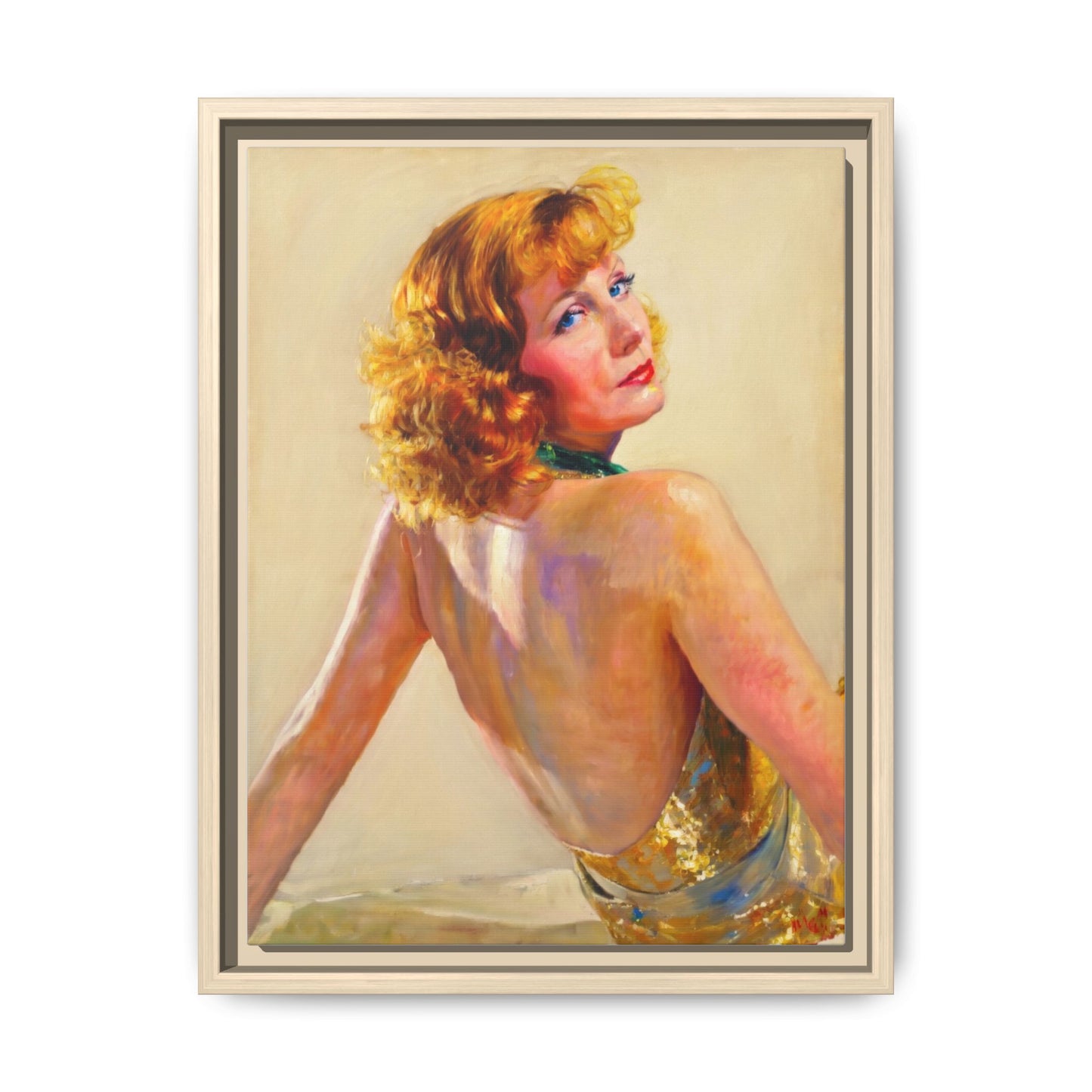 Framed Matte Canvas Print — Vintage Portrait of Redhead Greta Garbo in Gold Dress