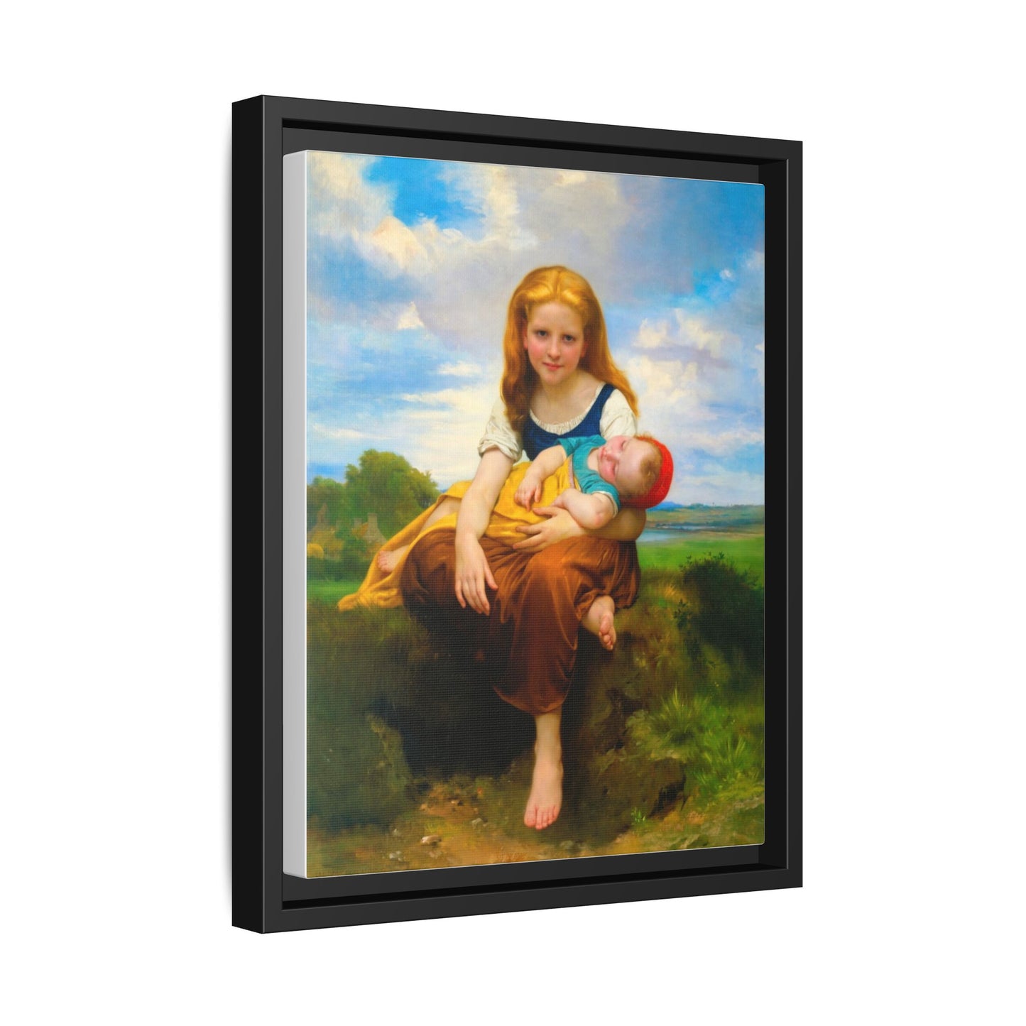 Young Girl Holding Sleeping Baby Canvas Print, Framed Wall Art