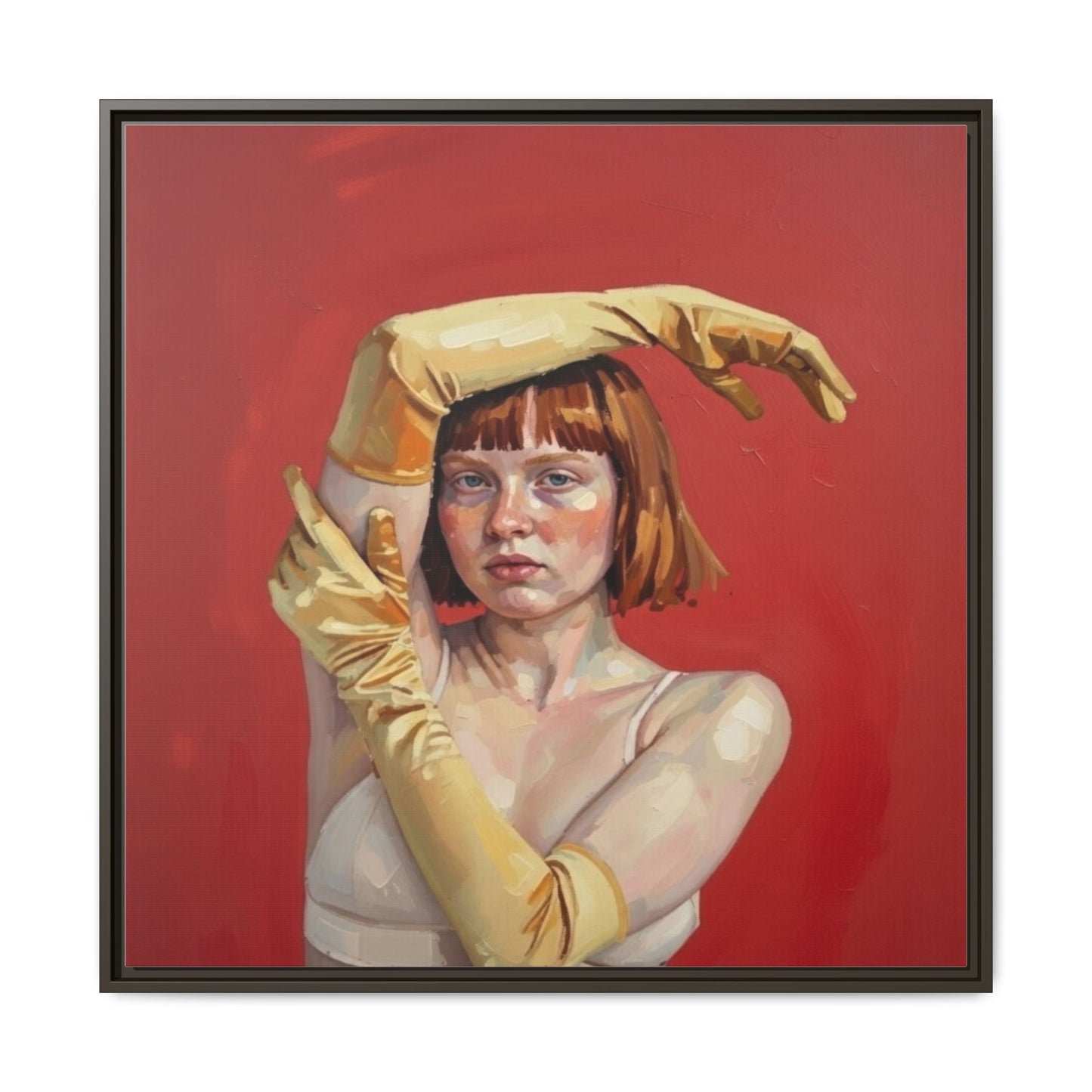 Framed Matte Canvas Art - Portrait of Woman in Yellow Gloves (Red Background)