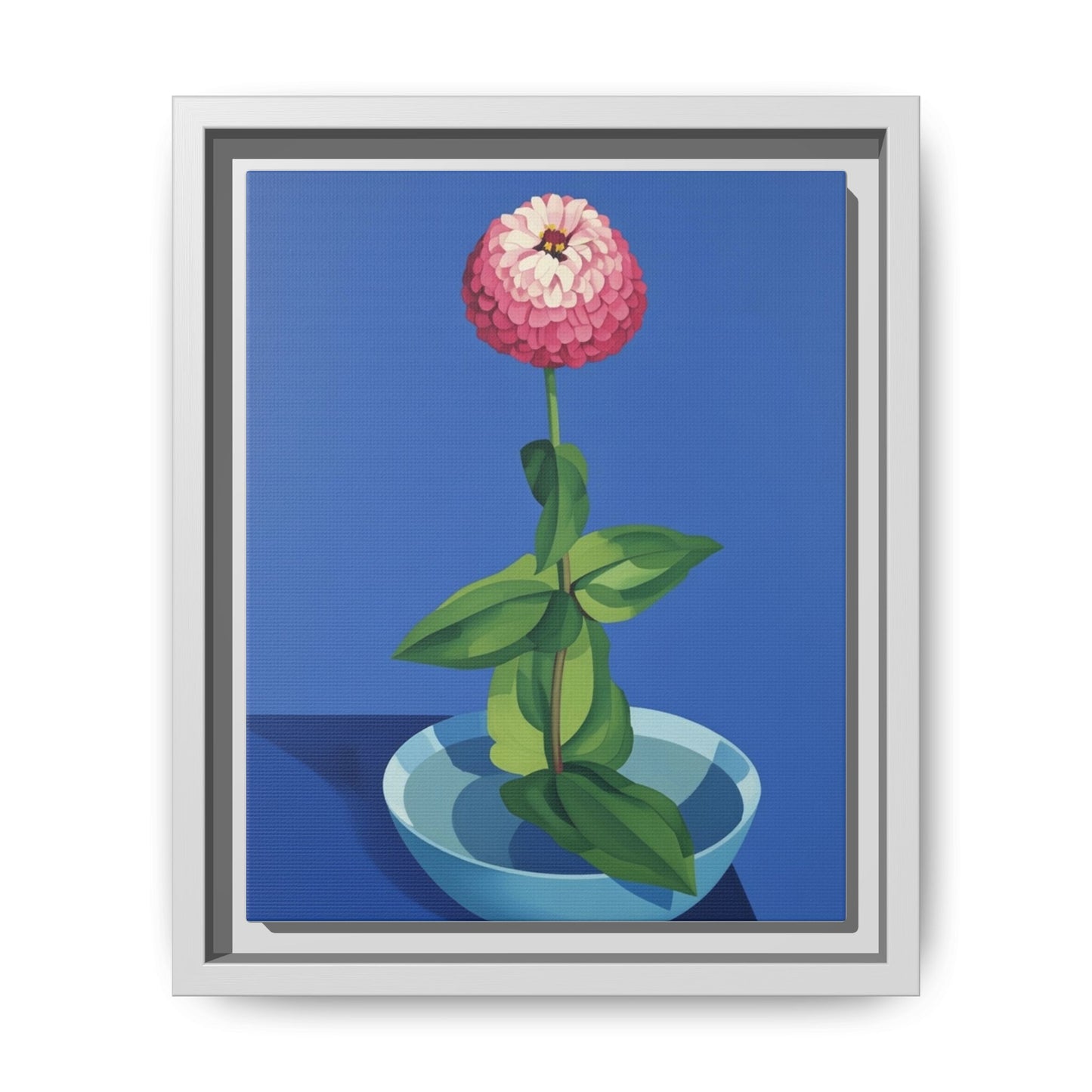 Framed Matte Canvas Art — Pink Zinnia in Blue Bowl (Botanical Still Life)