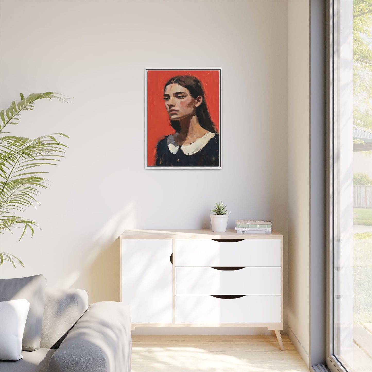 Framed Matte Canvas Portrait Print — Moody Red Figurative Art