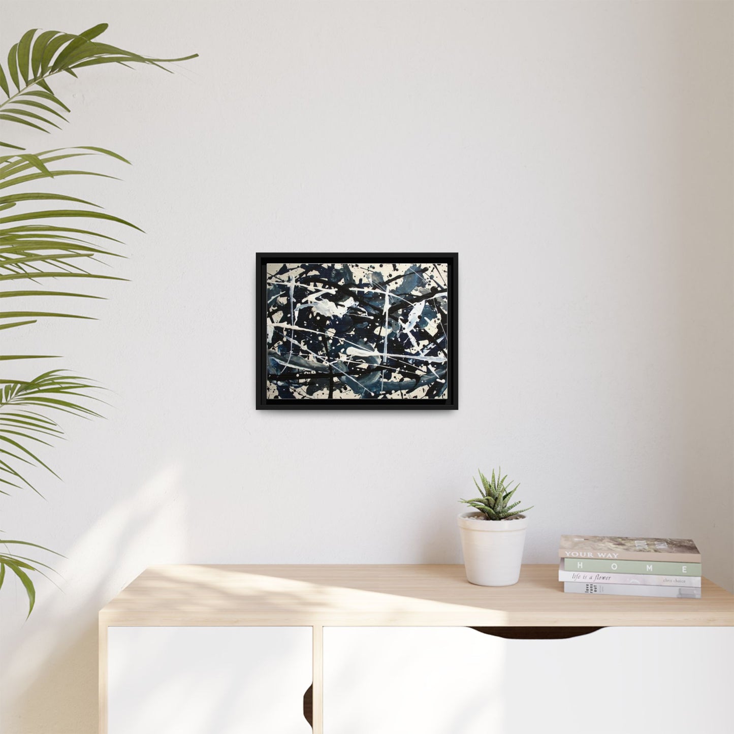 Abstract Splatter Matte Canvas Framed Wall Art — Black & Blue Modern Art Print