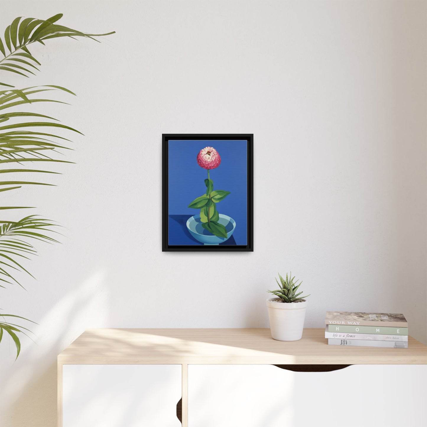 Framed Matte Canvas Art — Pink Zinnia in Blue Bowl (Botanical Still Life)