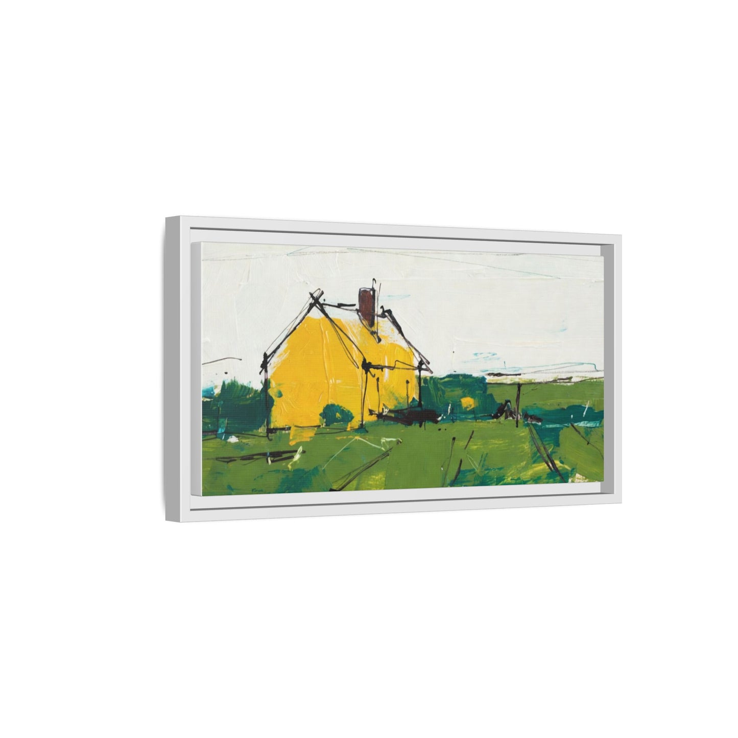Yellow Cottage Landscape Framed Canvas Print