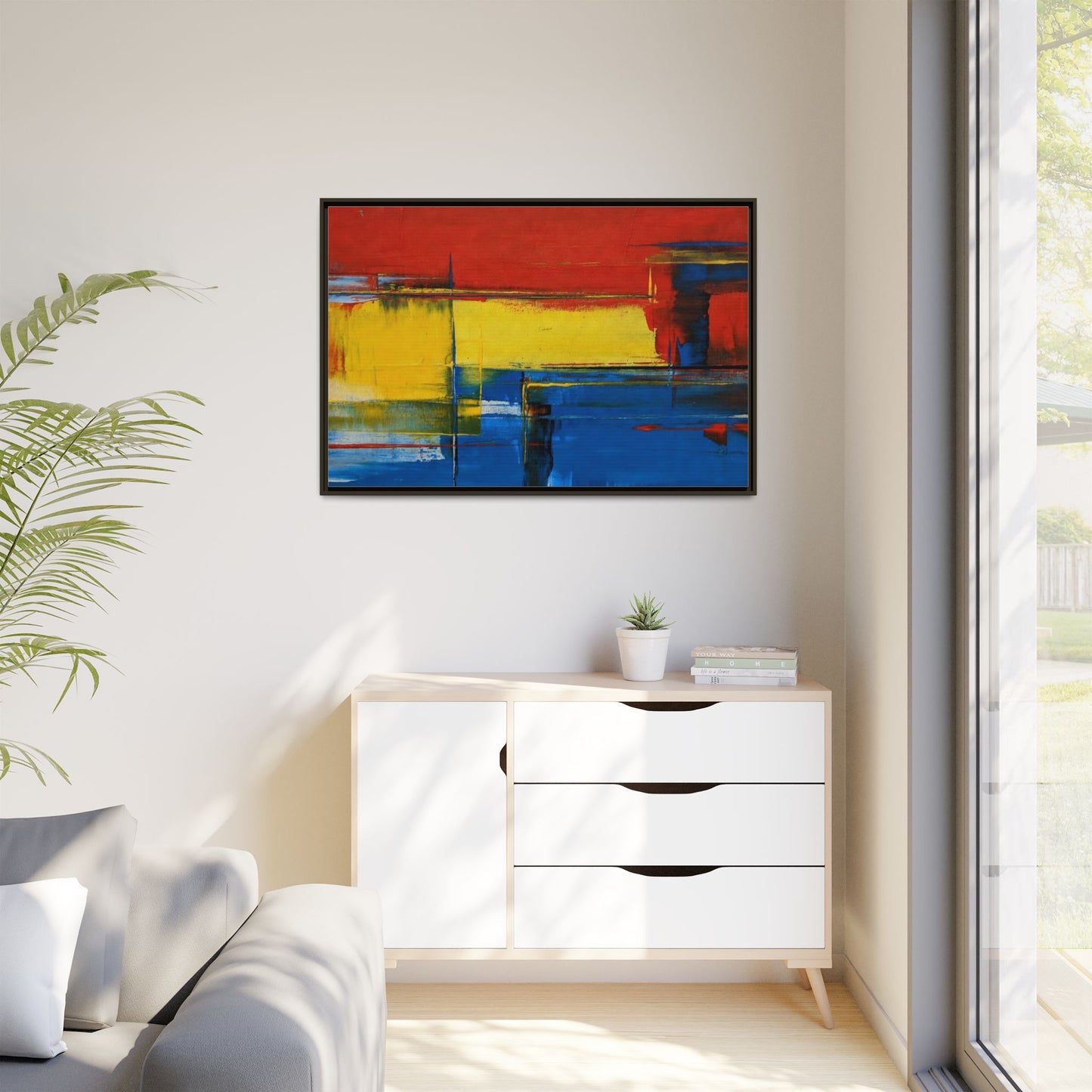 Abstract Color Block Matte Canvas Framed Wall Art — Modern Red Yellow Blue Painting