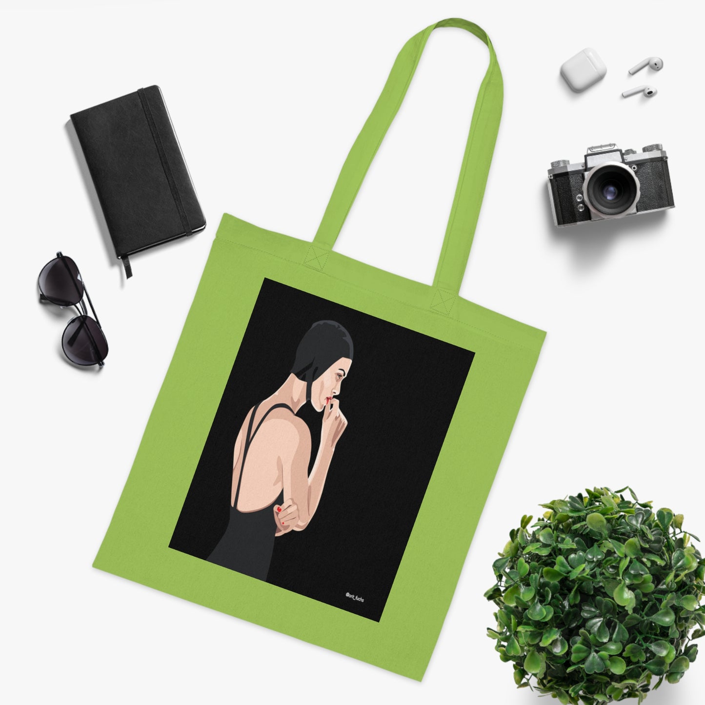 Minimalist Femme Portrait Cotton Tote — Chic Black-Back Illustration Tote Bag
