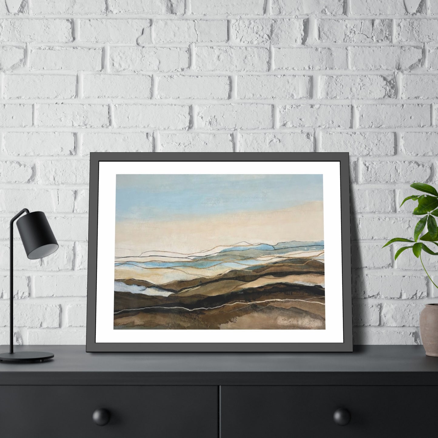 Coastal Abstract Landscape Framed Poster — Serene Blue & Earthtone Wall Art