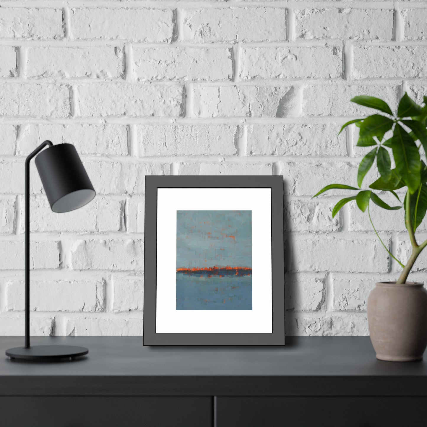 Abstract Seaside Framed Poster — Blue & Copper Minimalist Wall Art