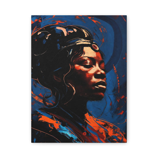 Regal Afrocentric Portrait Matte Canvas Art – Vibrant Blue & Orange Stretched Wall Decor