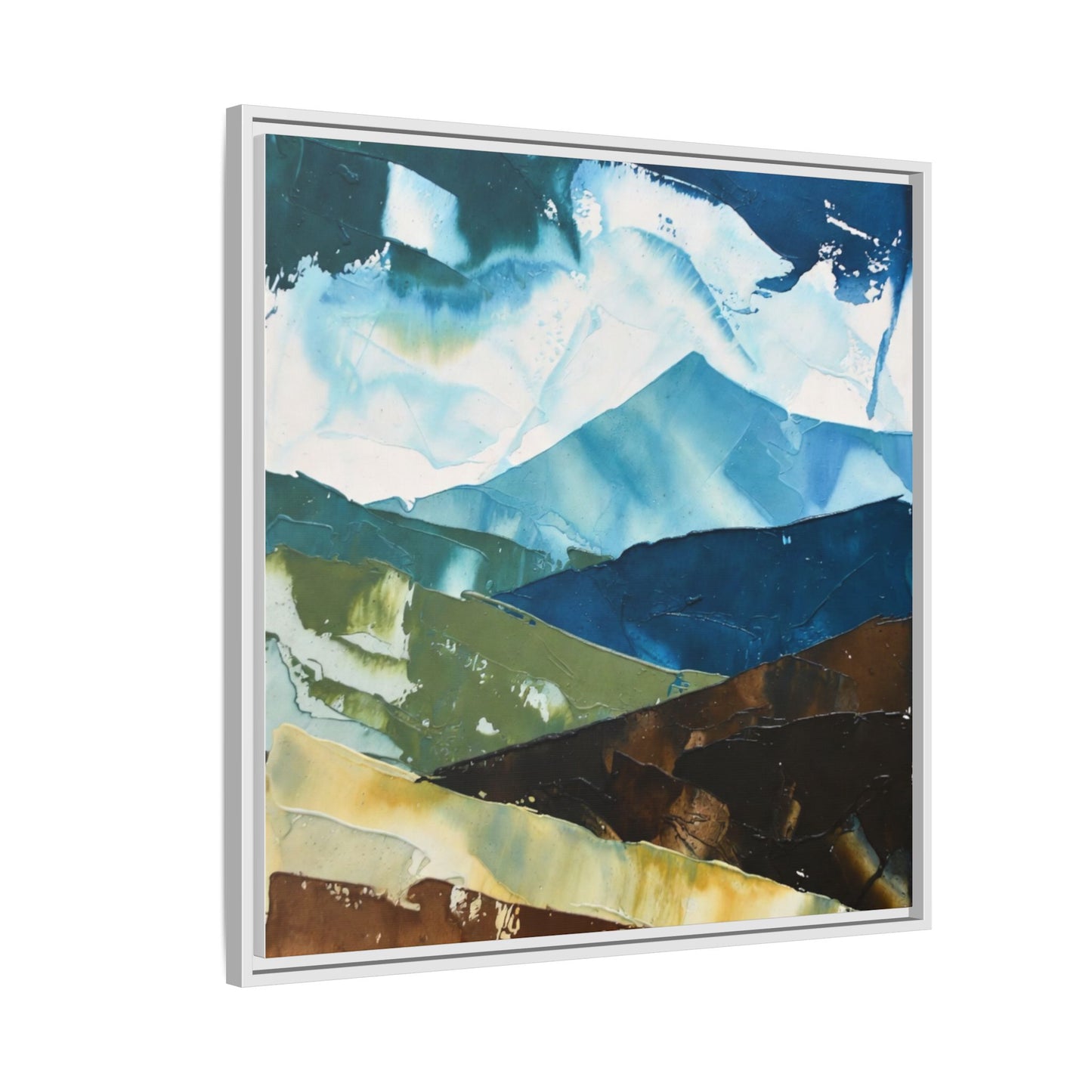 Framed Abstract Mountain Canvas Art — Blue & Earthtone Landscape Print
