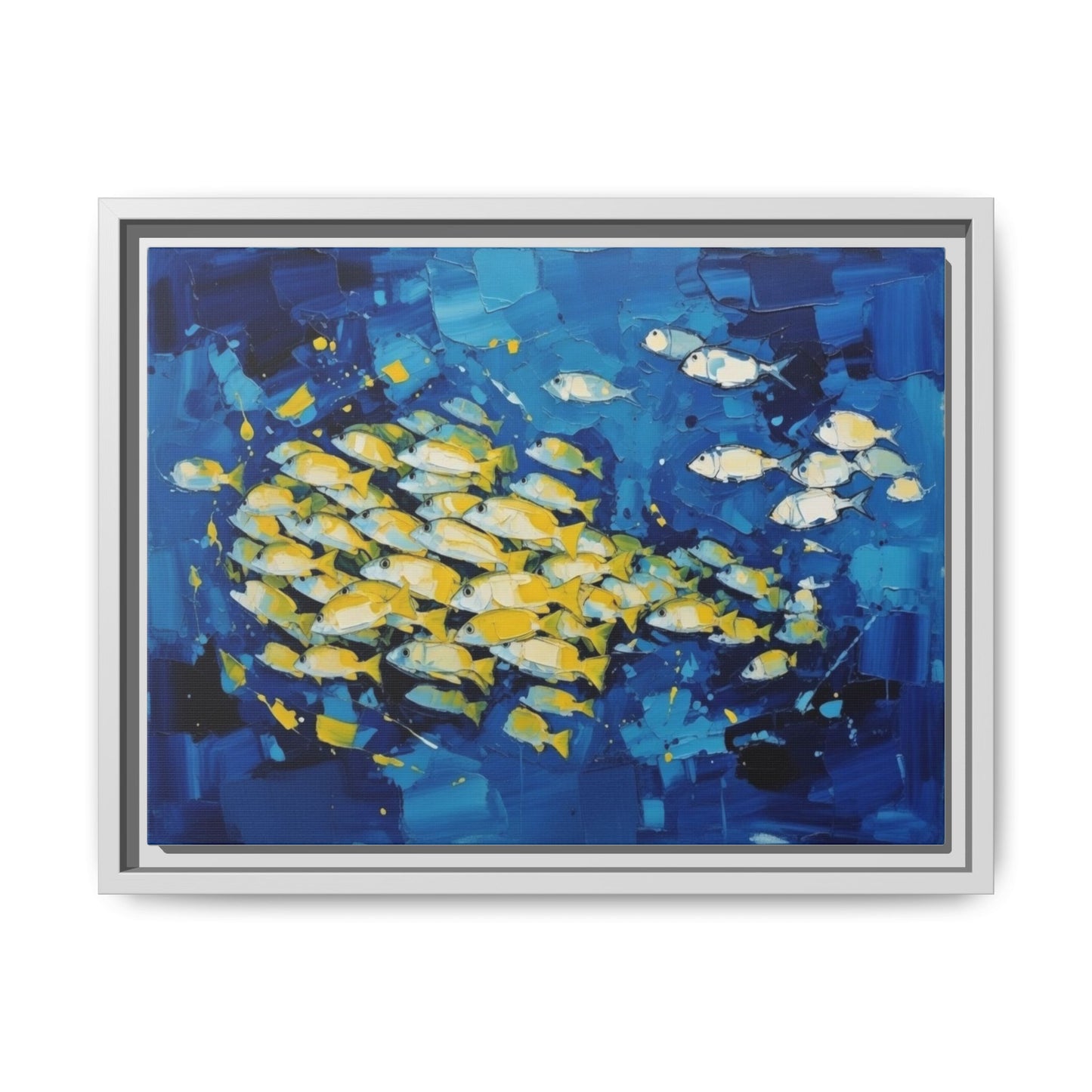 Framed Matte Canvas: Blue School of Fish Wall Art