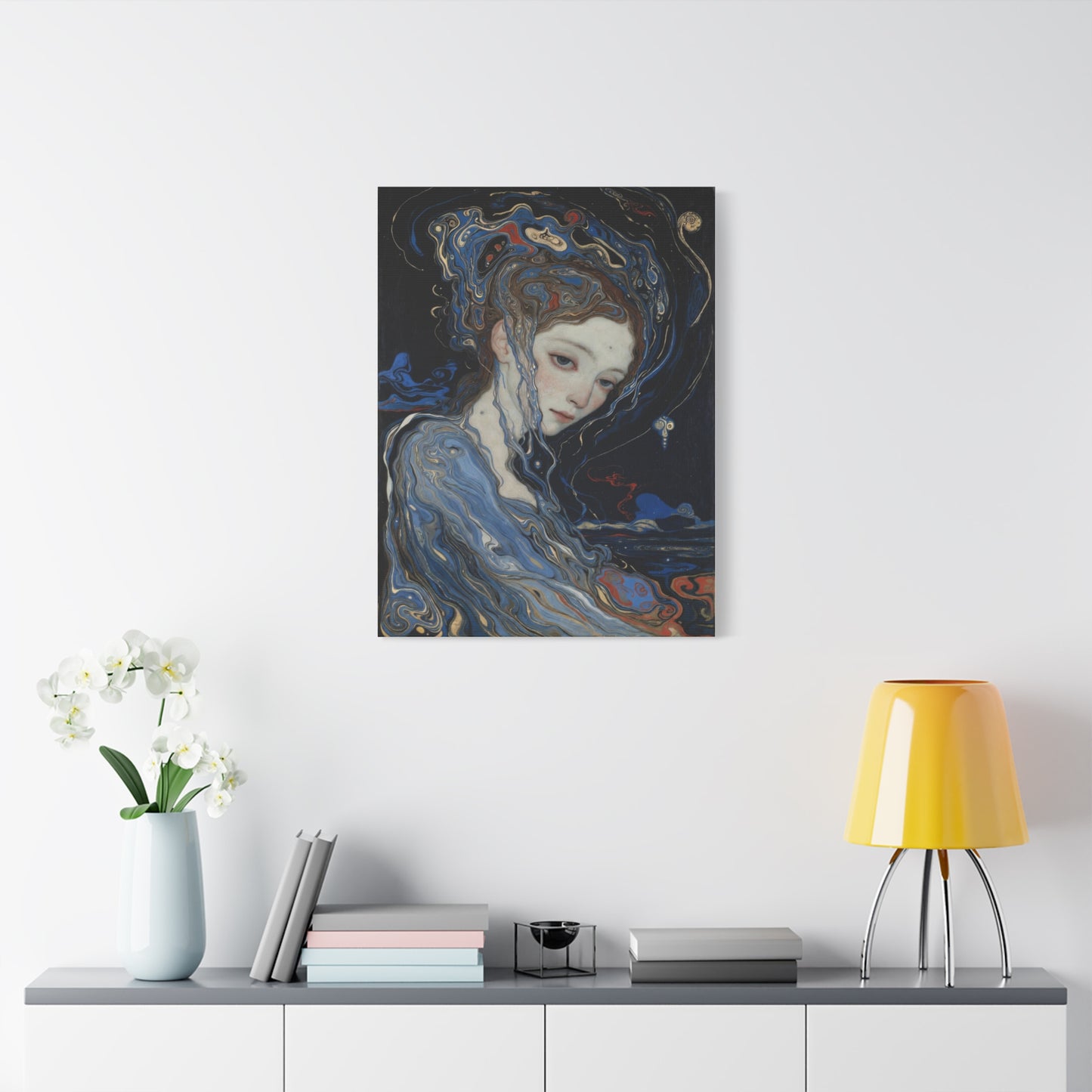 Ethereal Siren Matte Canvas Wall Art — Surreal Blue Portrait, Stretched 1.25"