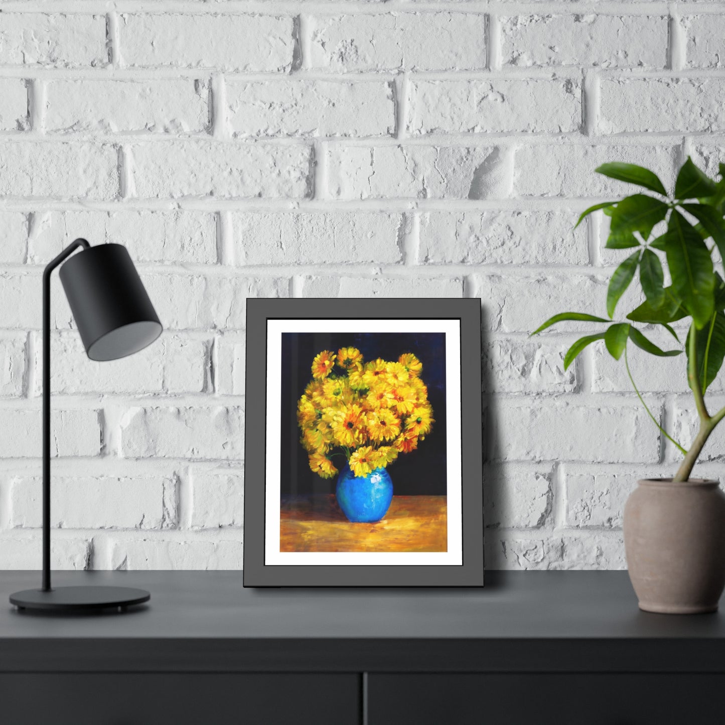 Framed Art Print — Yellow Daisy Bouquet in Blue Vase