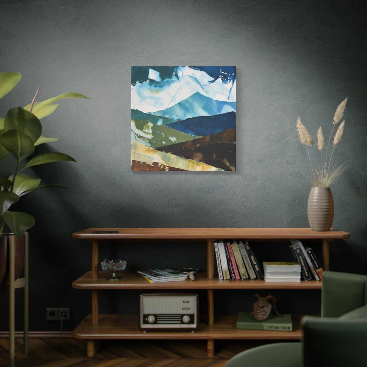 Abstract Mountain Landscape Matte Canvas Wall Art — Blue & Earth Tone Stretched Canvas