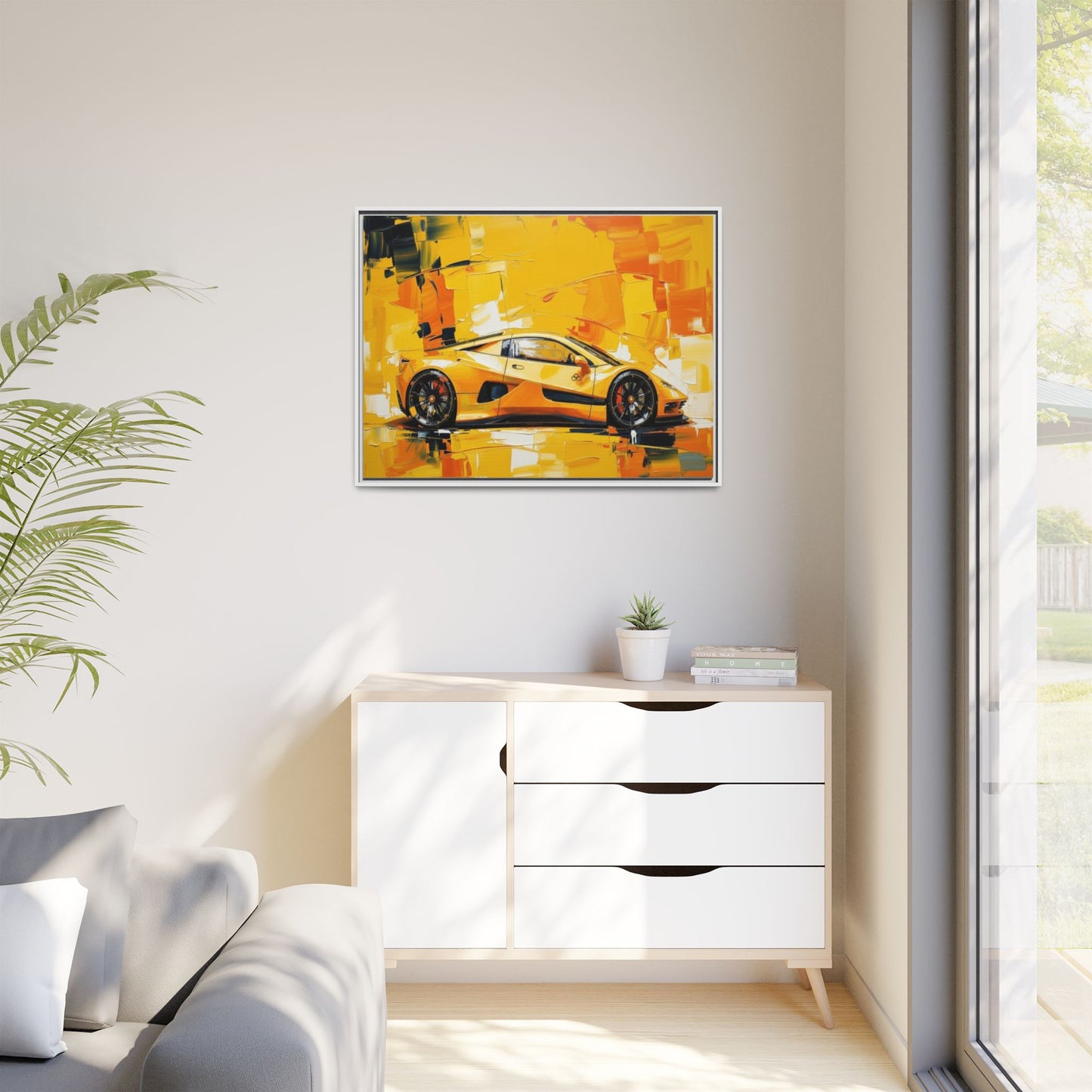Yellow Sports Car Abstract Matte Canvas Framed Print