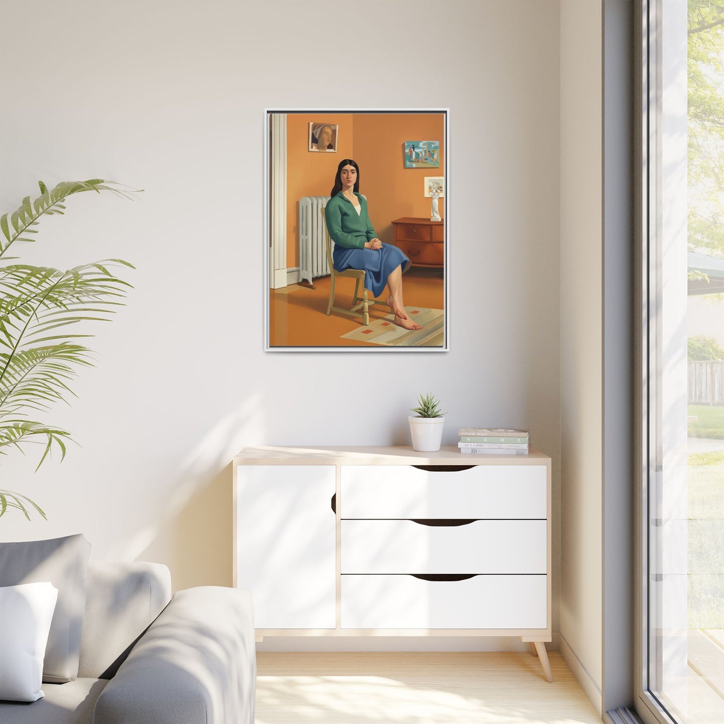 Framed Matte Canvas Print — Woman Seated in Warm Interior (Midcentury Portrait)