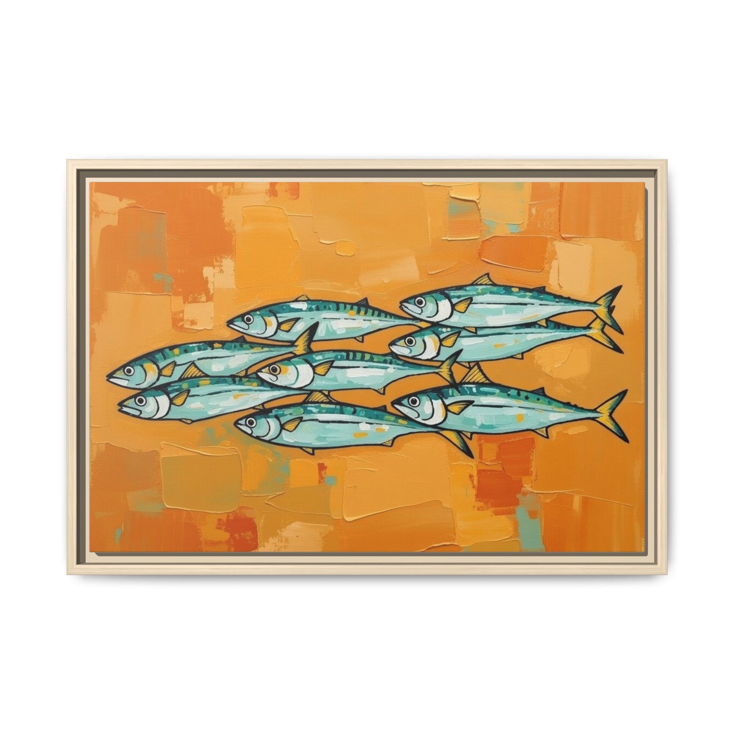 Framed Matte Canvas Print — School of Blue Fish on Orange Abstract Background