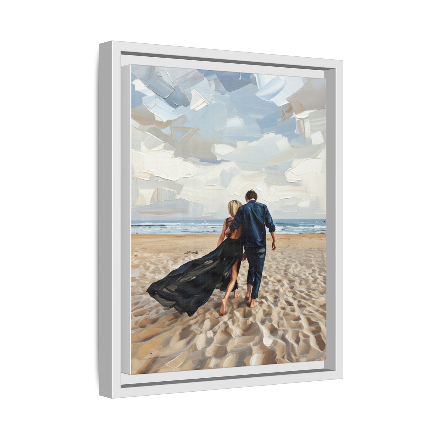 Framed Canvas Wall Art — Romantic Couple Walking on Beach Print