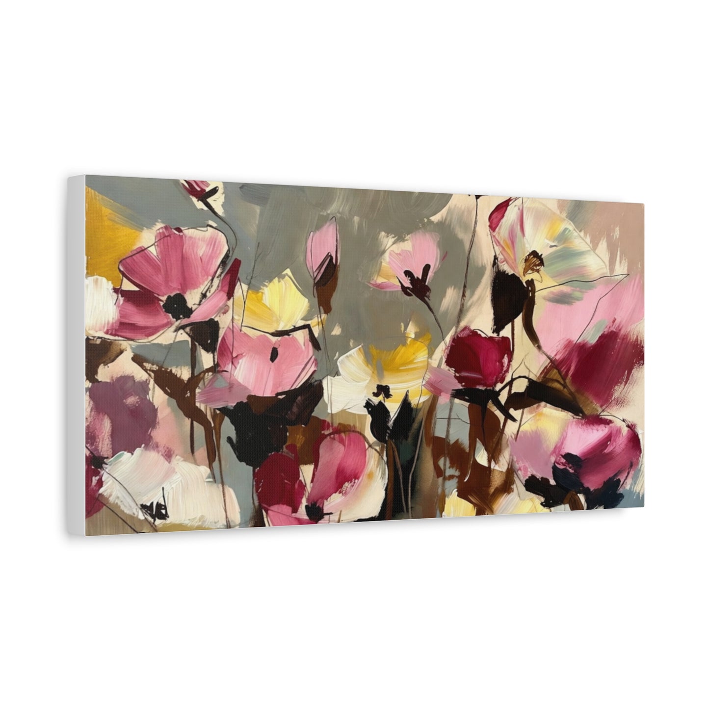 Floral Abstract Canvas Wall Art — Pink & Yellow Bloom Stretched Matte Print