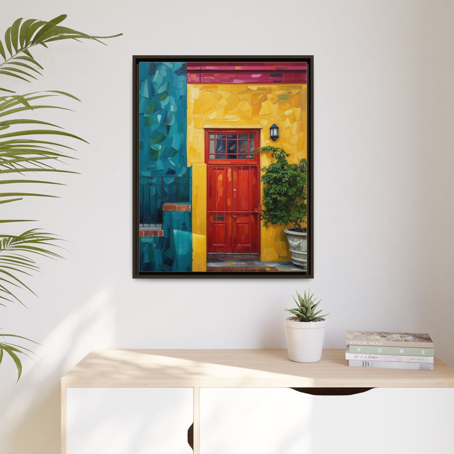 Framed Matte Canvas Wall Art — Colorful Red Door on Yellow Facade