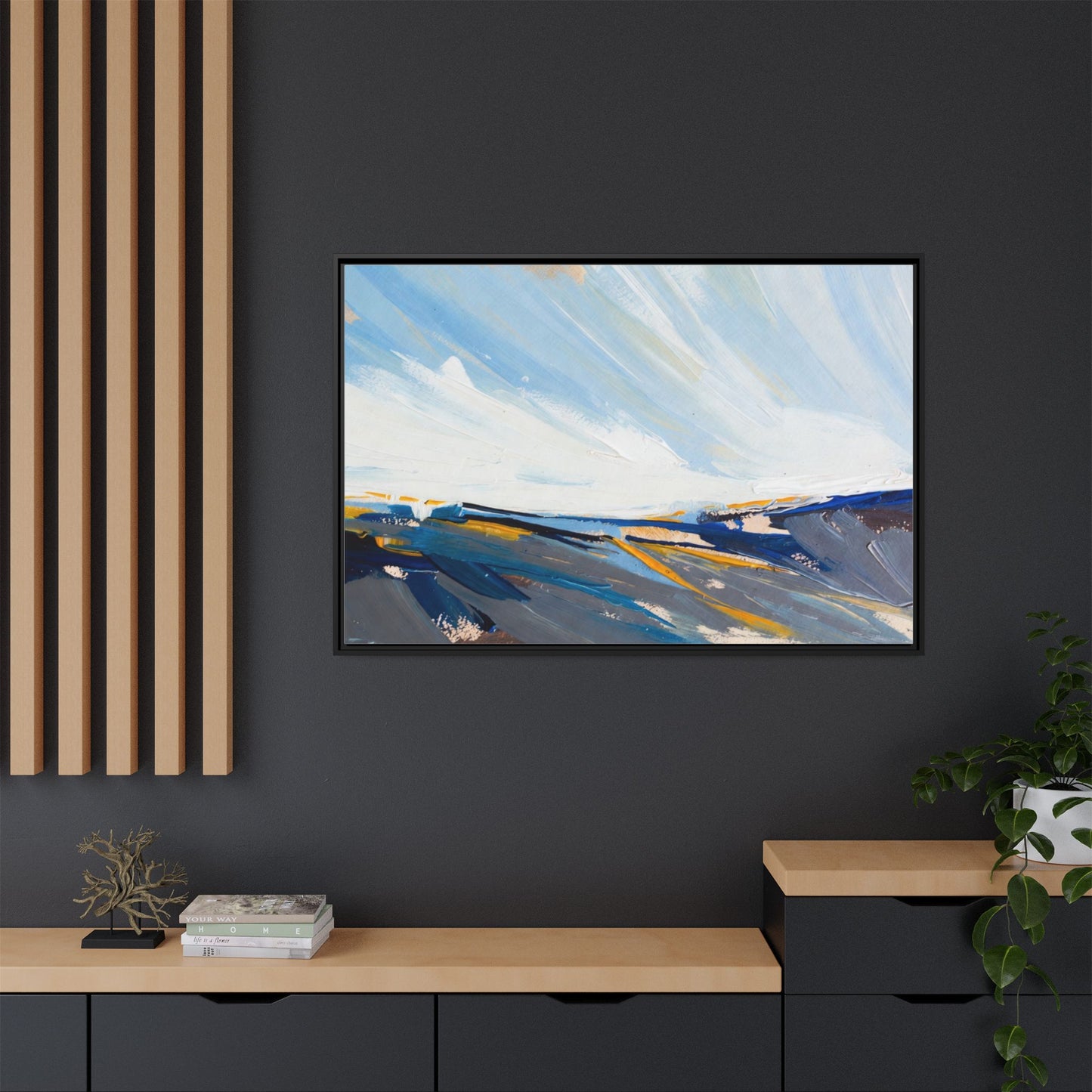 Framed Abstract Seascape Canvas Print — Matte Multi‑Color Wall Art