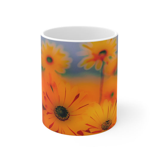 Sunshine Daisies Ceramic Mug — Vibrant Orange Floral Coffee Cup