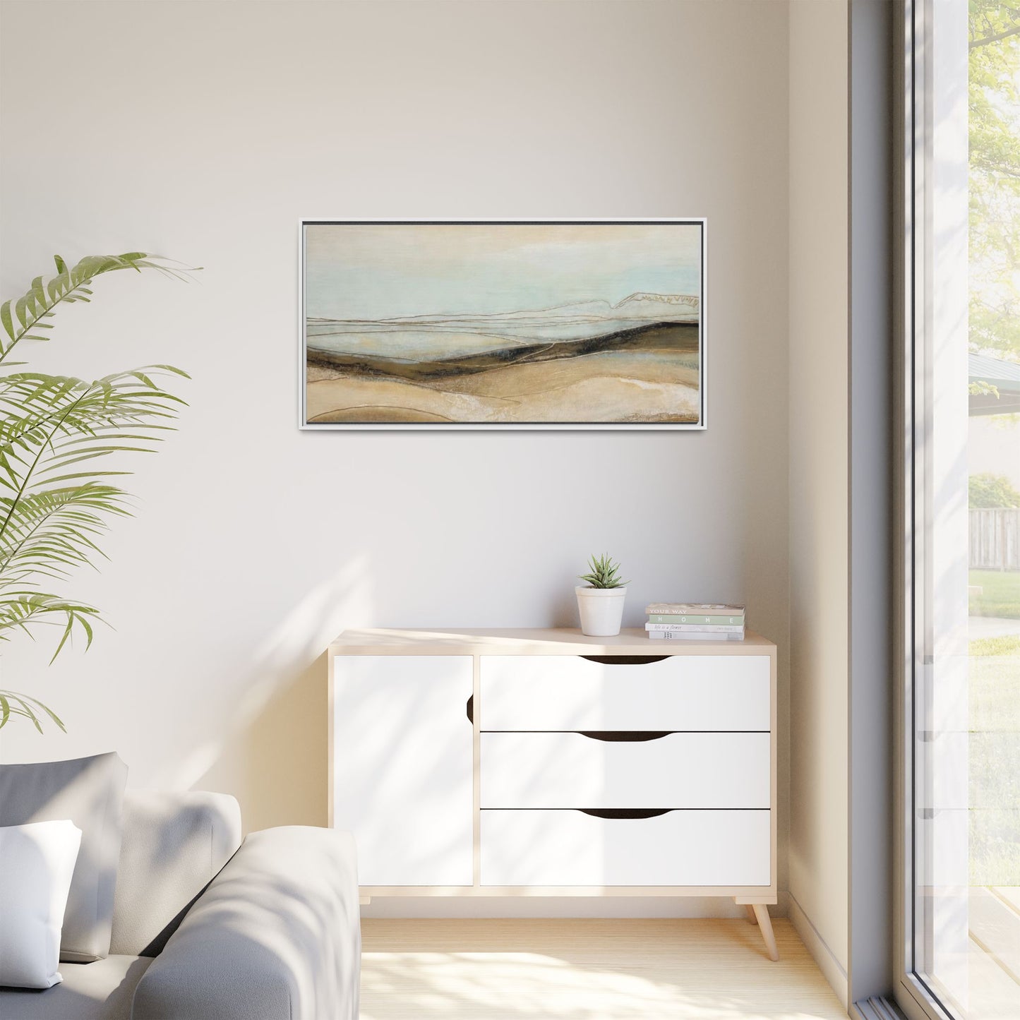 Framed Matte Canvas Wall Art — Neutral Abstract Landscape in Soft Blues & Earth Tones