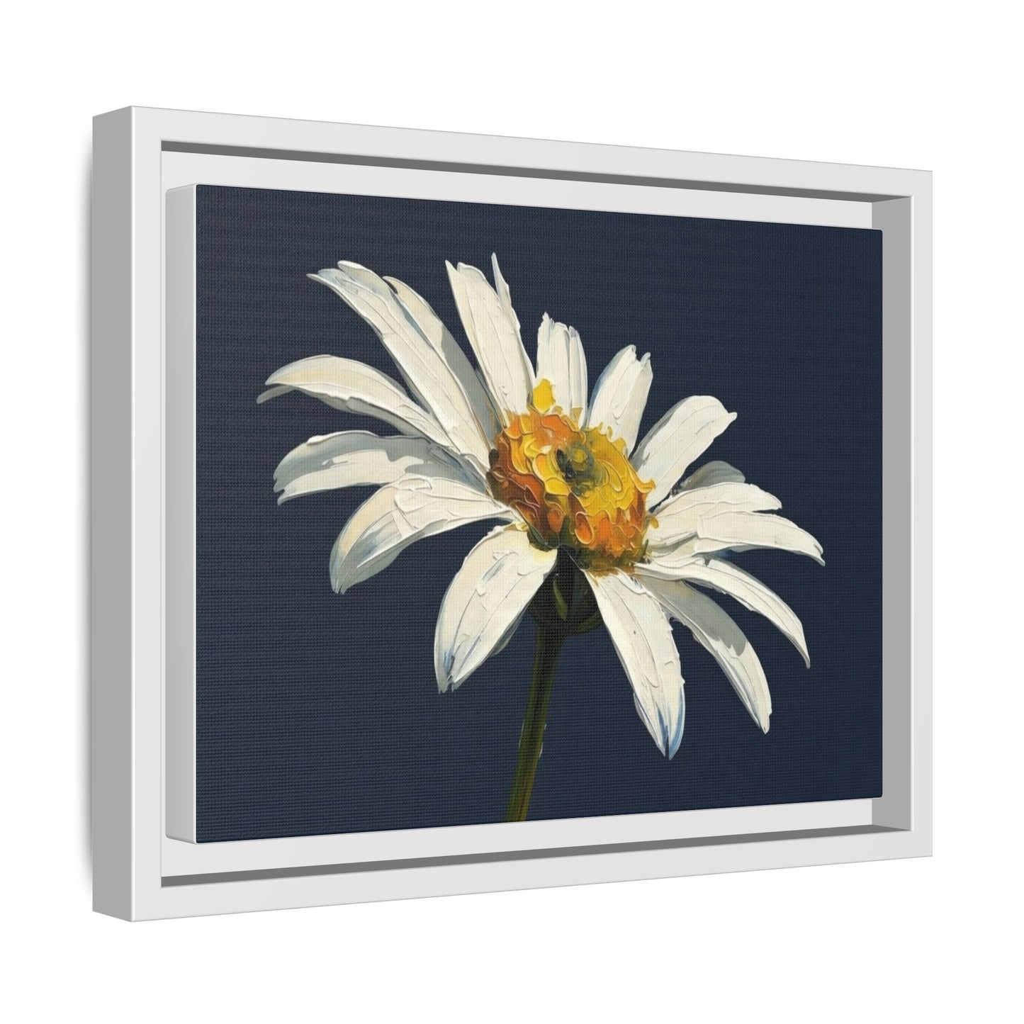 Framed Matte Canvas Daisy Wall Art — White Floral Painting on Navy