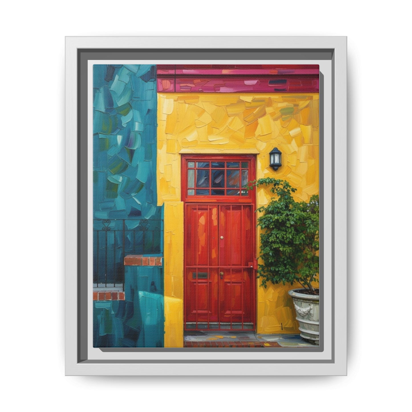 Framed Matte Canvas Wall Art — Colorful Red Door on Yellow Facade