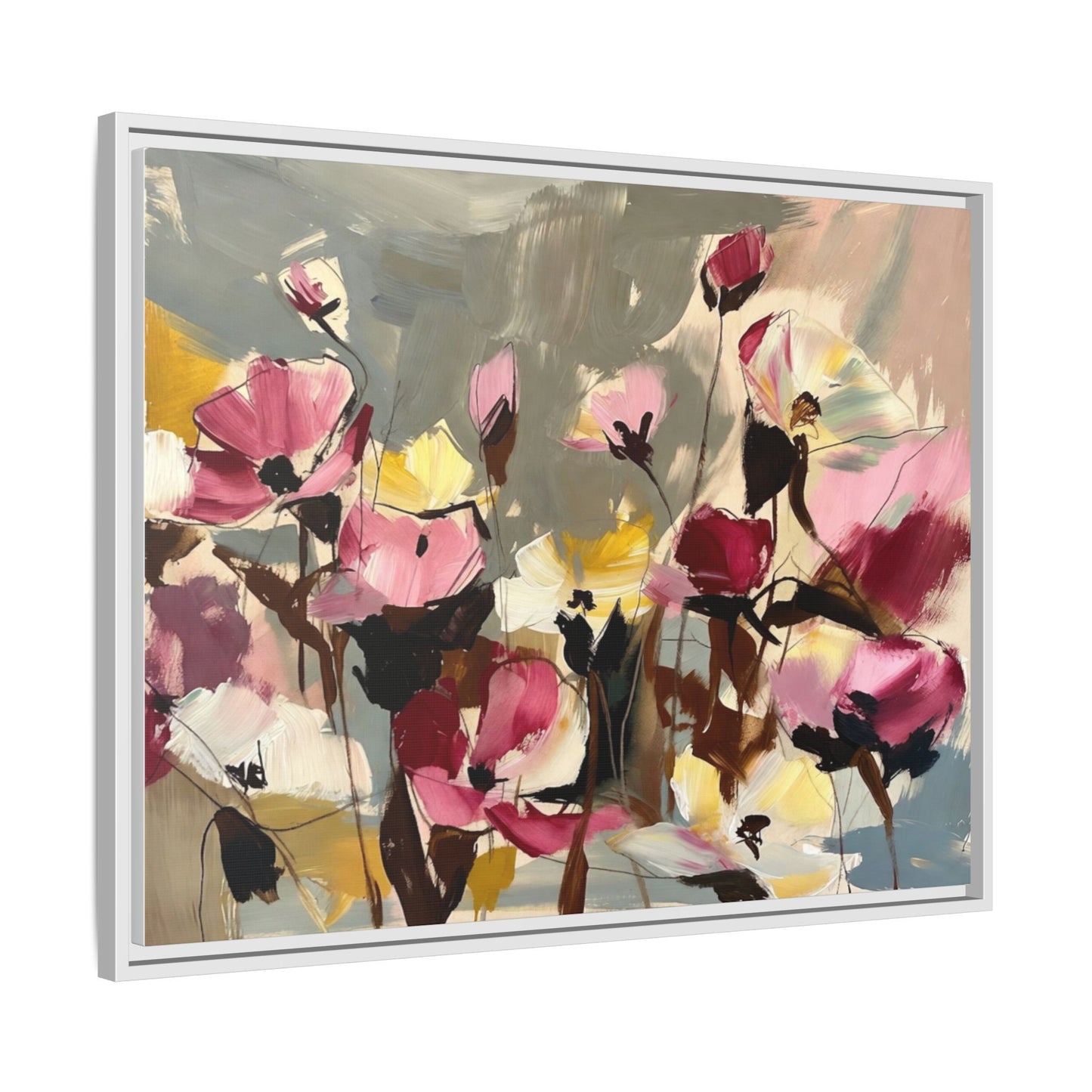 Framed Floral Canvas Wall Art — Abstract Pink & Yellow Flowers