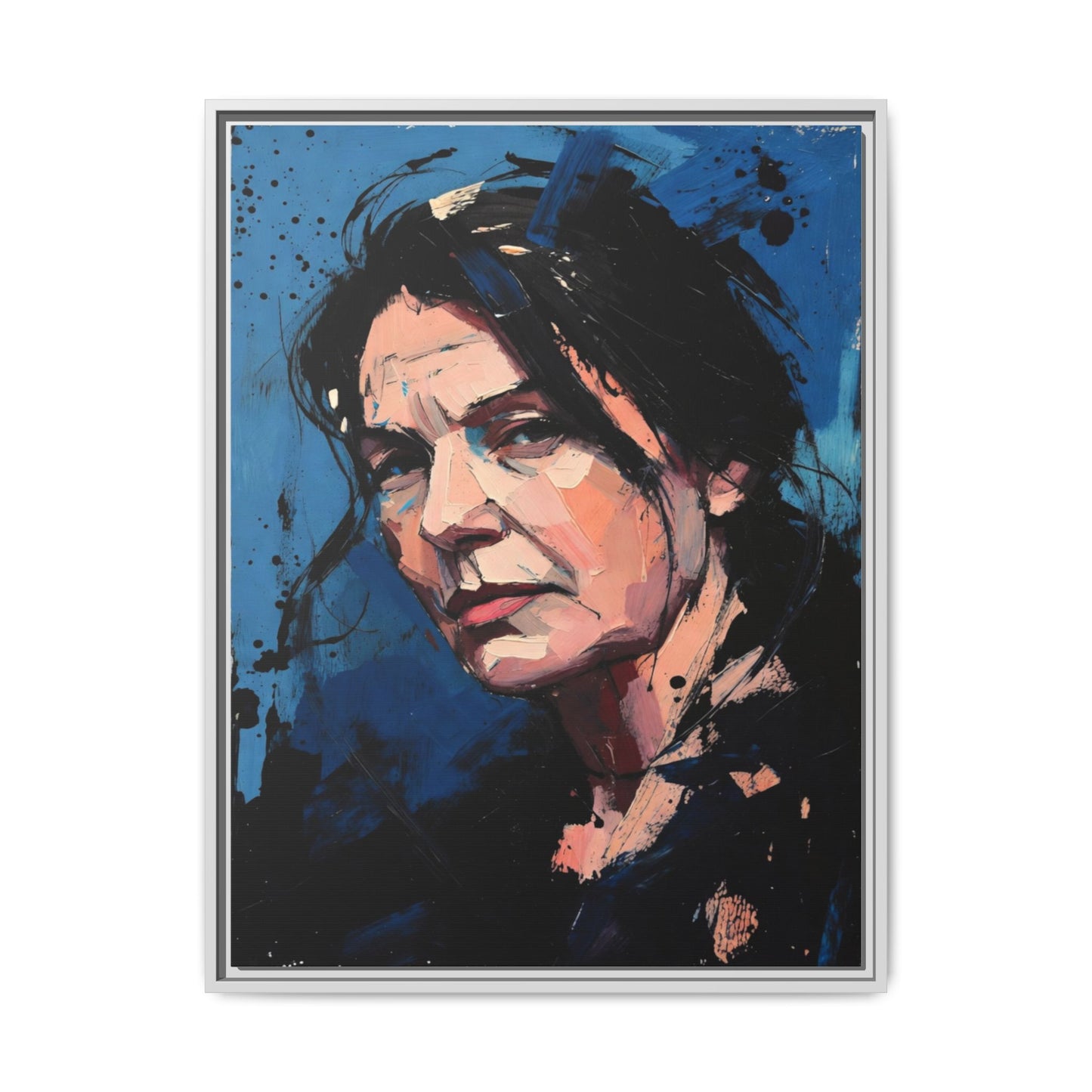 Framed Matte Canvas Portrait — Expressive Blue Painterly Woman Art