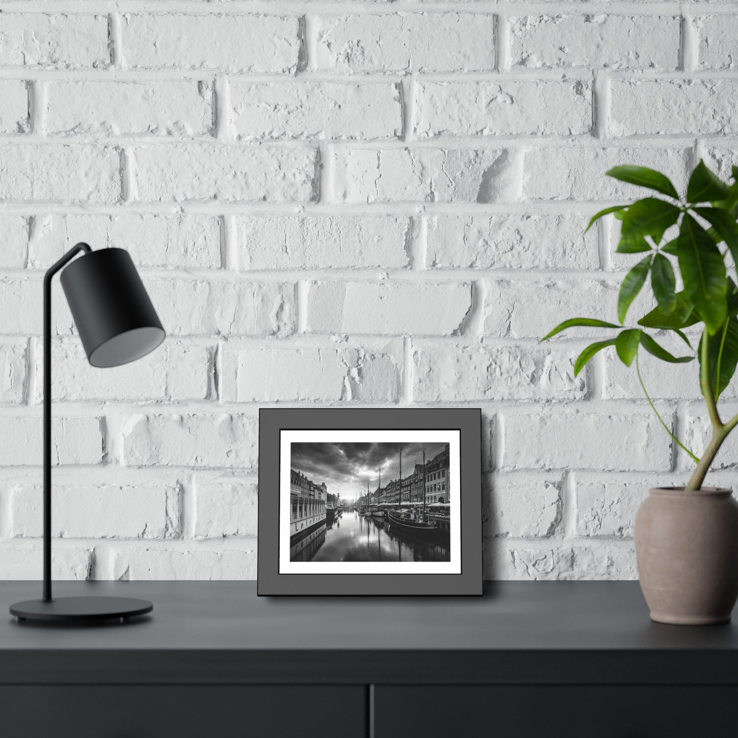 Black & White Dutch Canal Framed Photo Print — Nautical Cityscape Wall Art