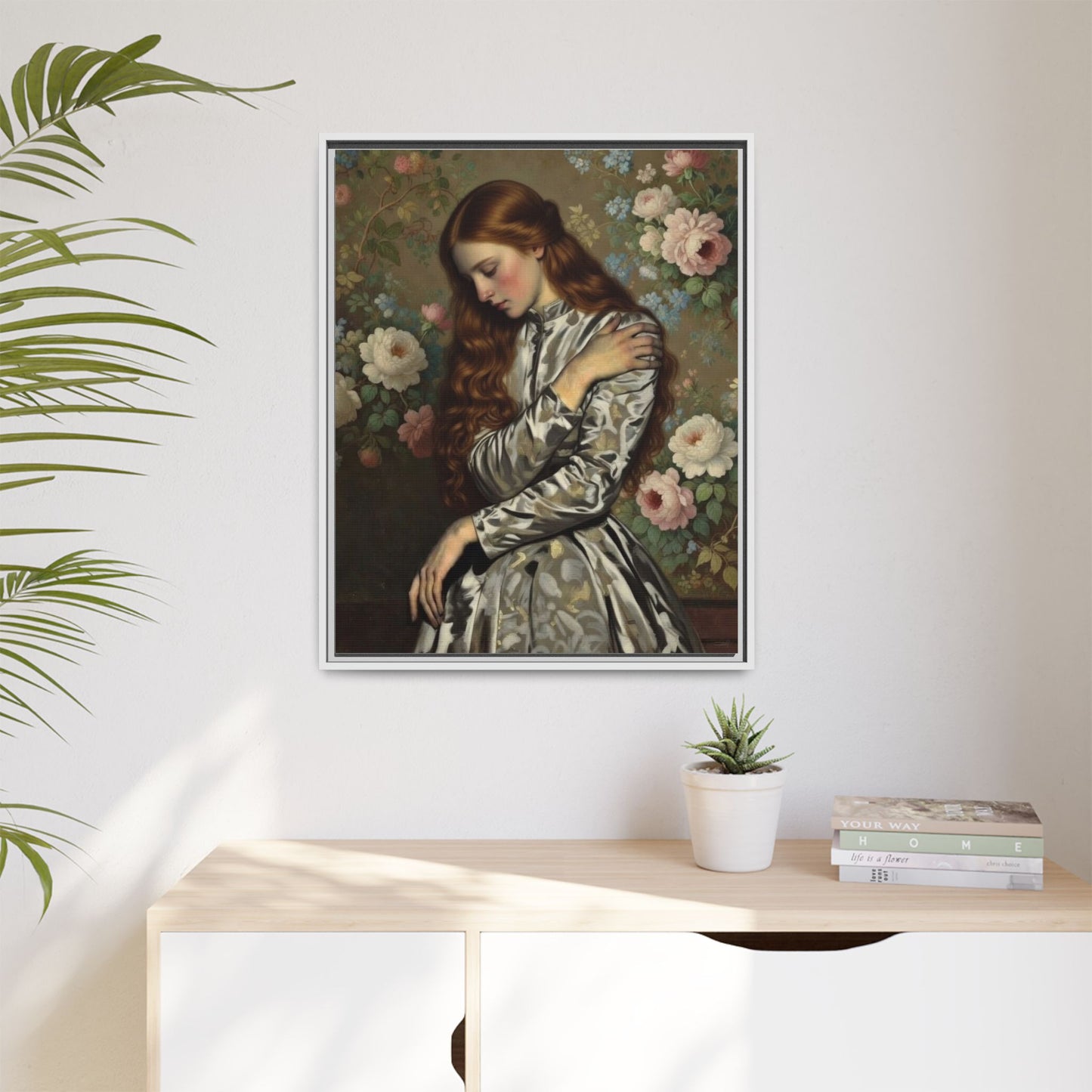 Framed Matte Canvas Art — Vintage Floral Portrait of a Young Woman