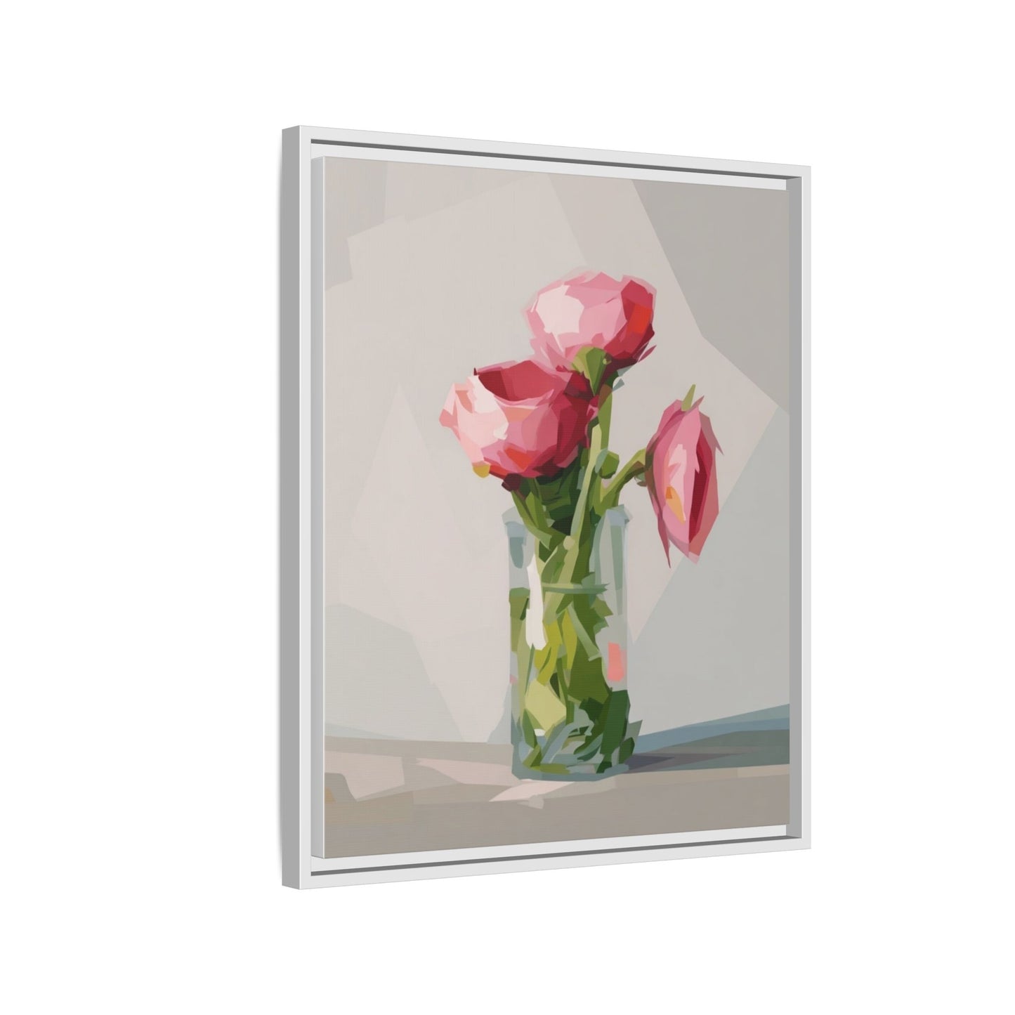 Framed Canvas Art — Pink Roses in Vase, Modern Floral Wall Print