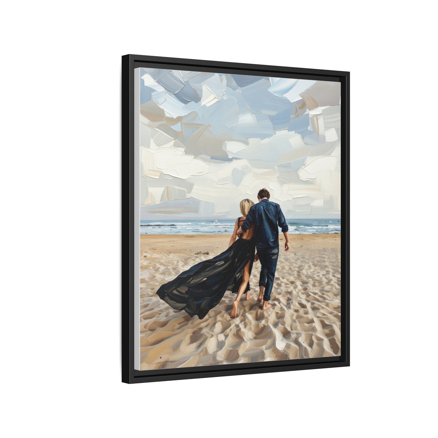 Framed Canvas Wall Art — Romantic Couple Walking on Beach Print