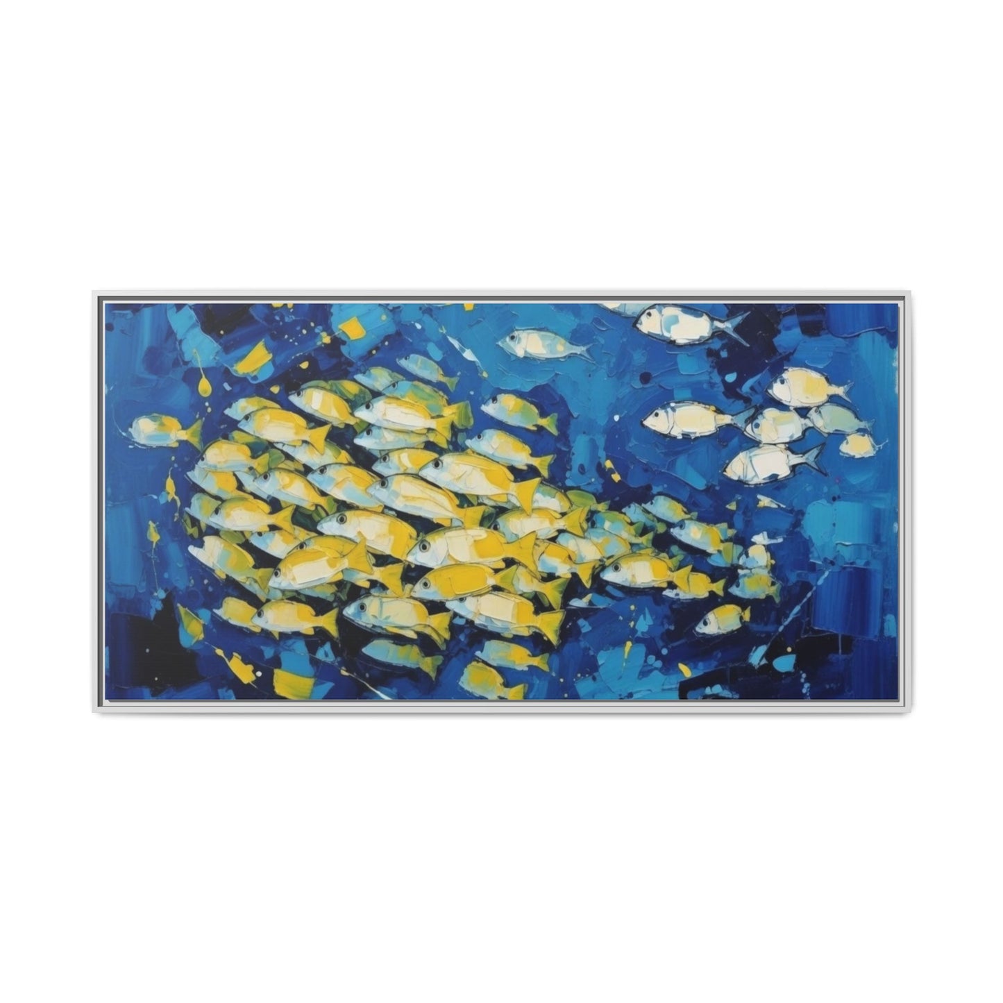 Framed Matte Canvas: Blue School of Fish Wall Art