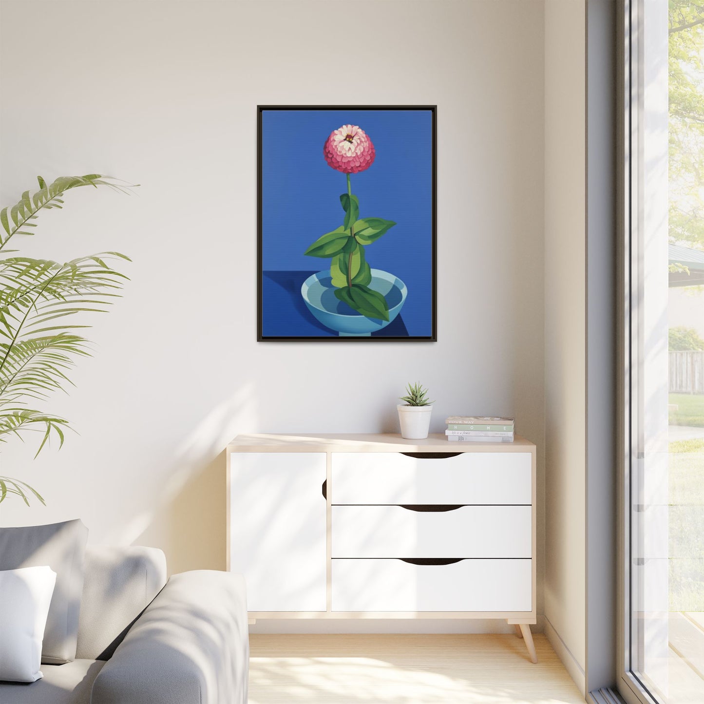 Framed Matte Canvas Art — Pink Zinnia in Blue Bowl (Botanical Still Life)