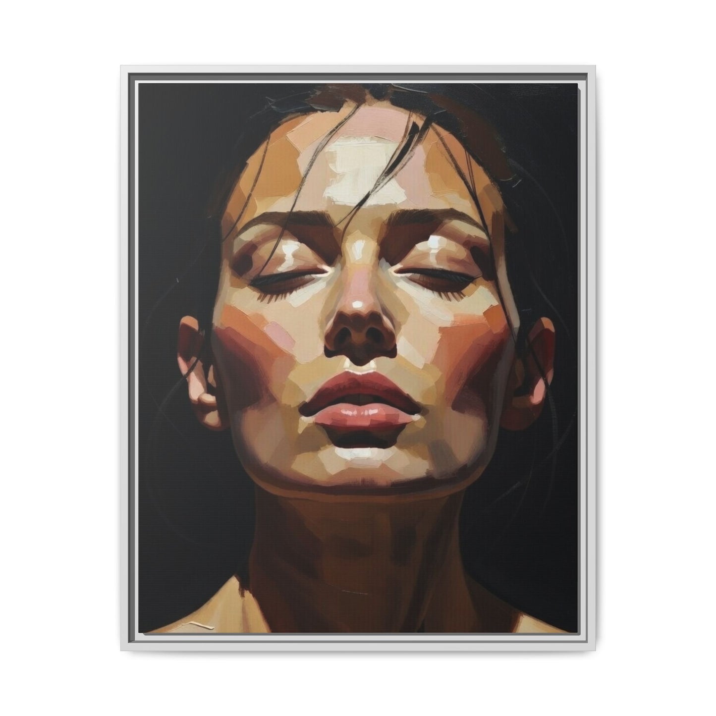 Framed Matte Canvas Portrait – Woman with Eyes Closed (Multi‑Color)