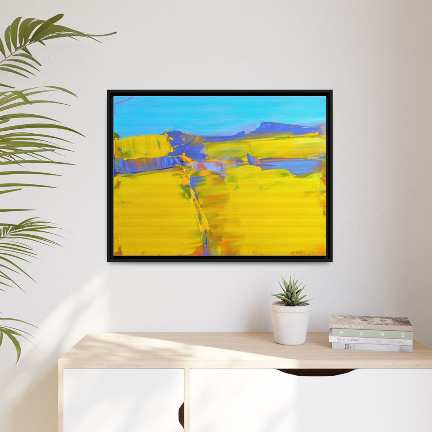 Framed Matte Canvas  Vibrant Yellow Blue Abstract Landscape Art