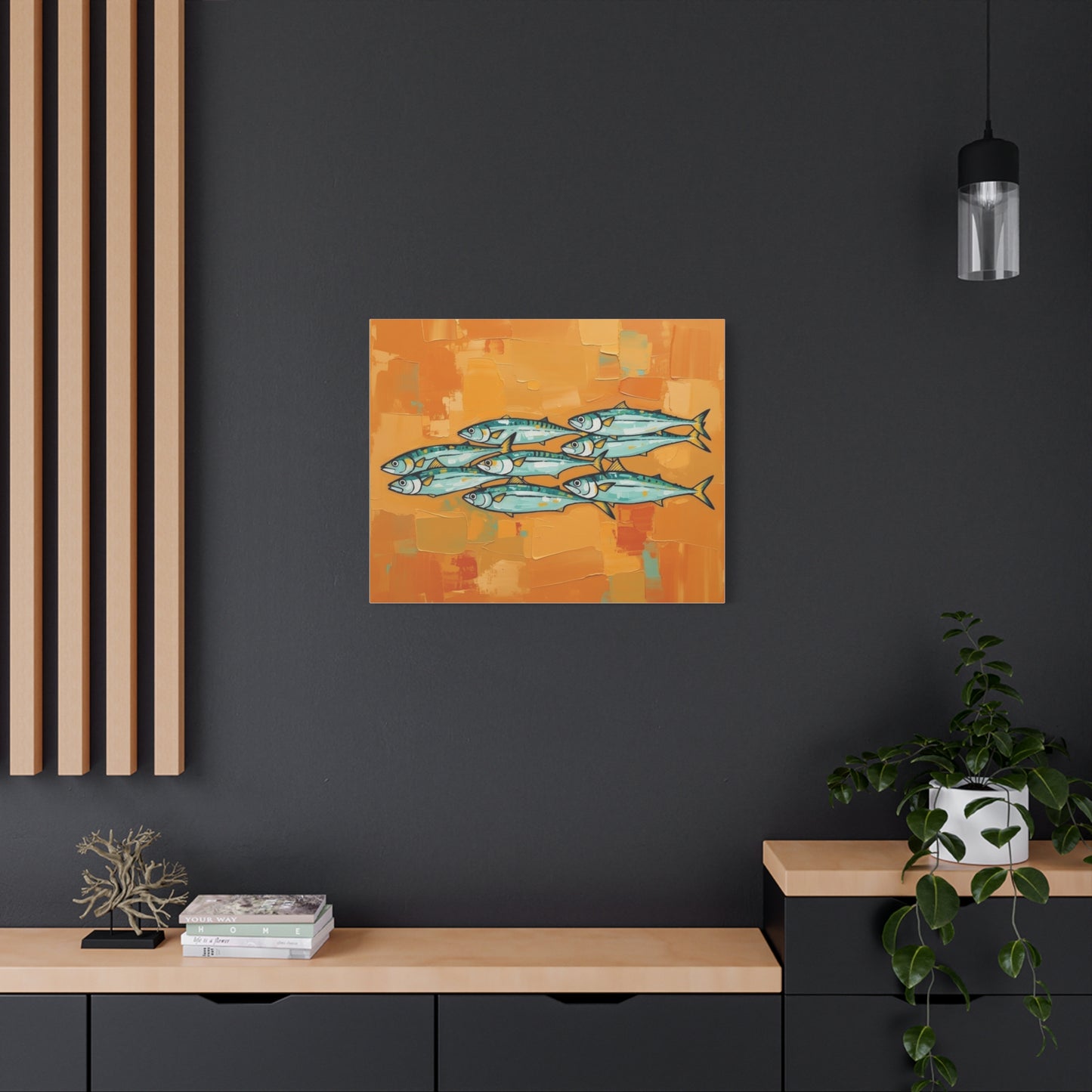 School of Mackerel Canvas Wall Art — Nautical Fish Painting on Orange Background