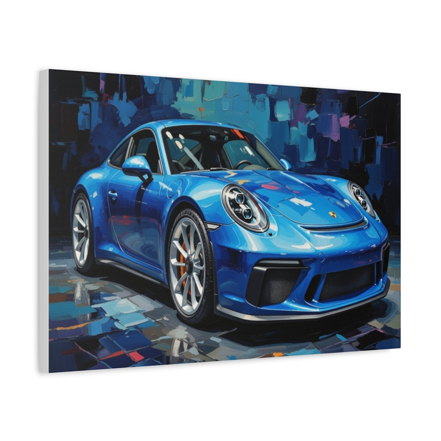 Blue Sports Car Canvas Wall Art — Modern Automotive Painting on Stretched Matte Canvas