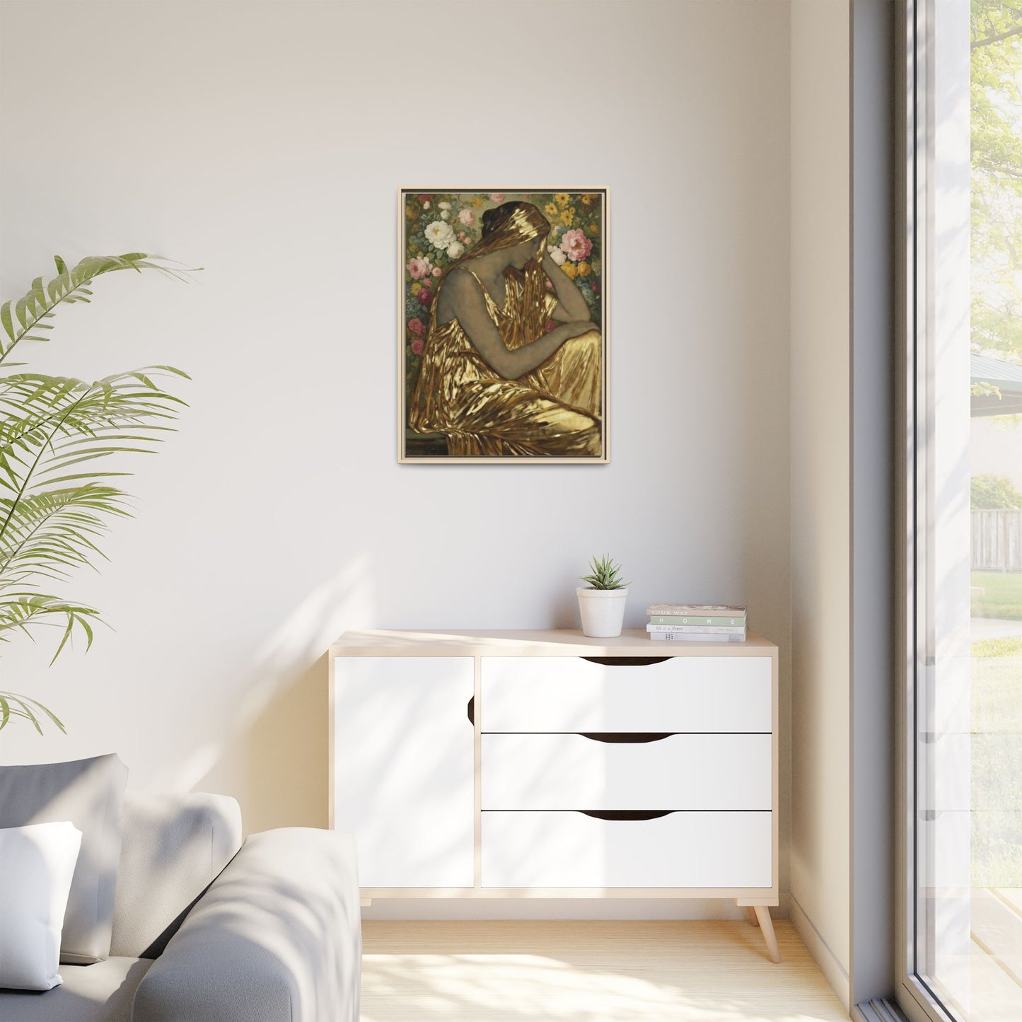 Framed Canvas Art Print — Golden Muse Woman with Floral Background