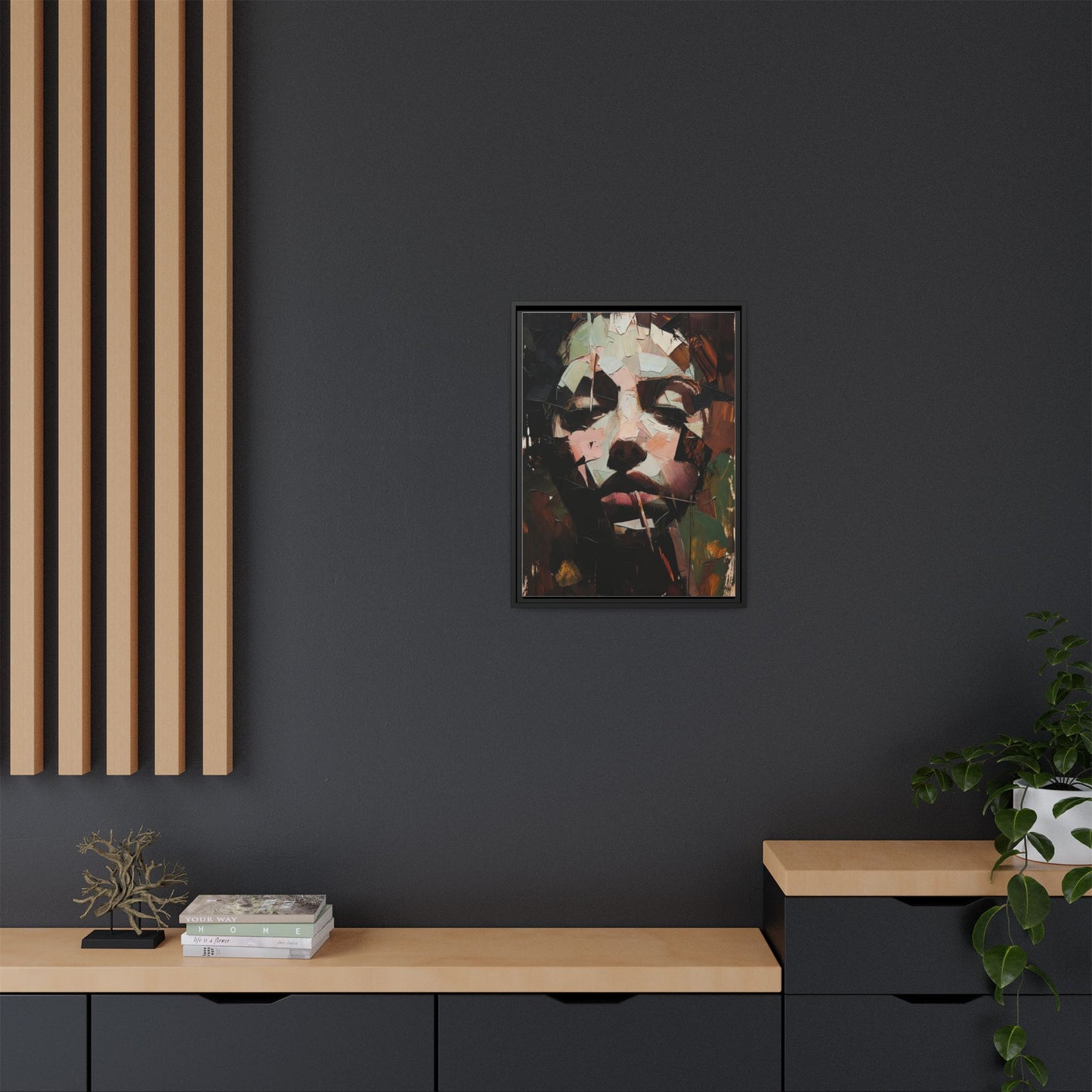 Matte Framed Canvas Art — Abstract Female Portrait, Moody Multicolor