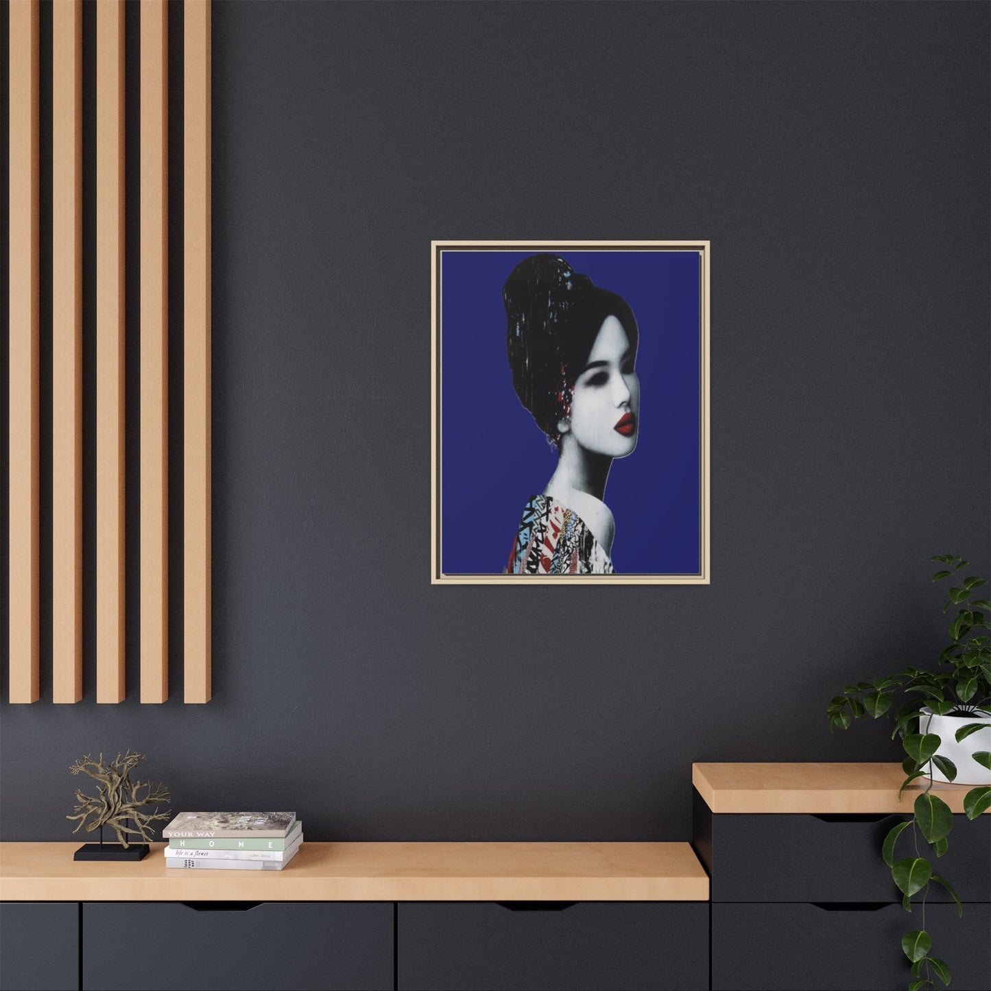 Framed Matte Canvas Art — Elegant Geisha Portrait on Deep Blue