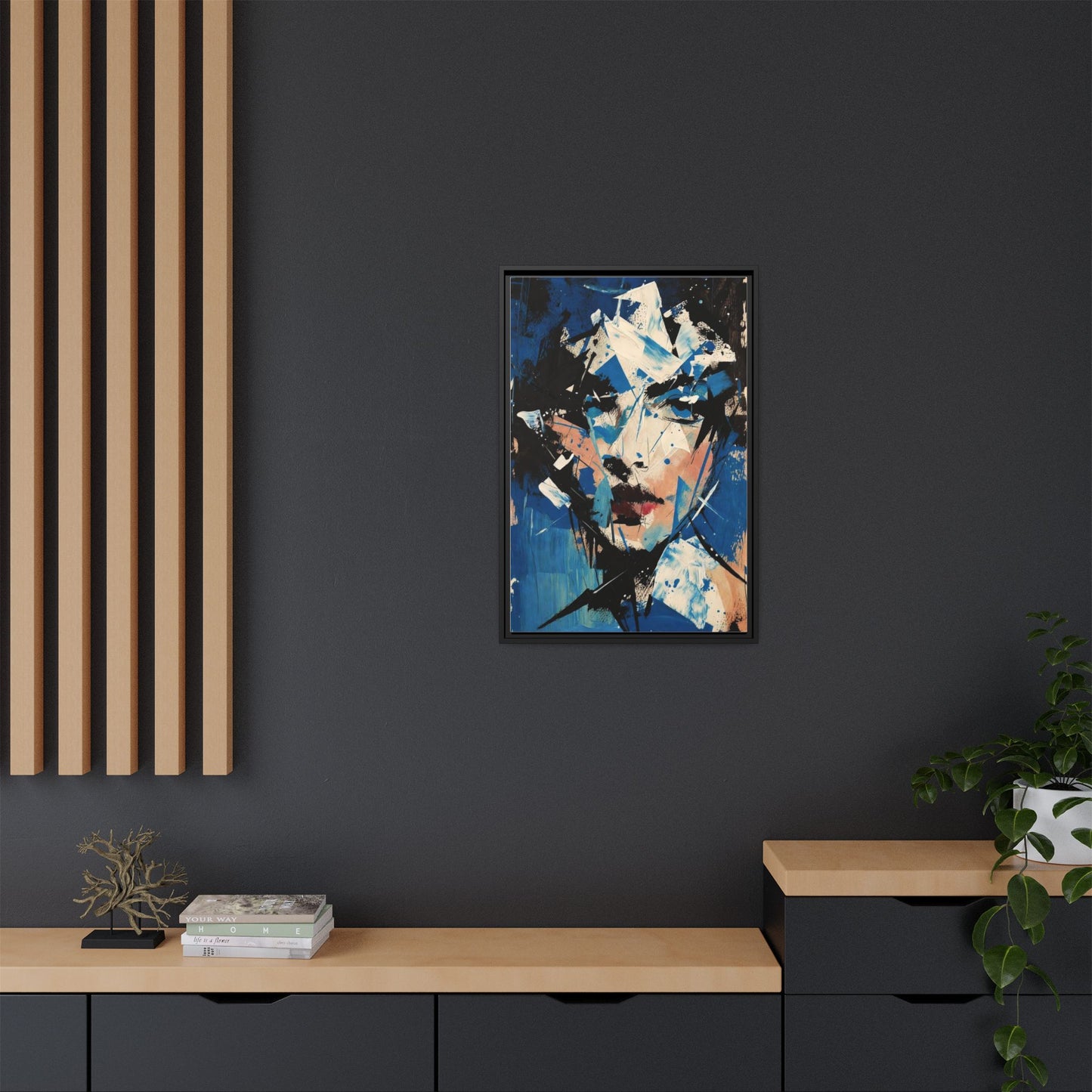 Abstract Portrait Matte Canvas Framed Wall Art — Blue Mixed-Media Face Print