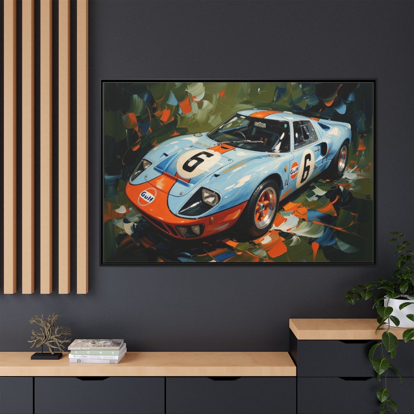 Gulf Racing GT40 Matte Framed Canvas — Vintage Sports Car Wall Art