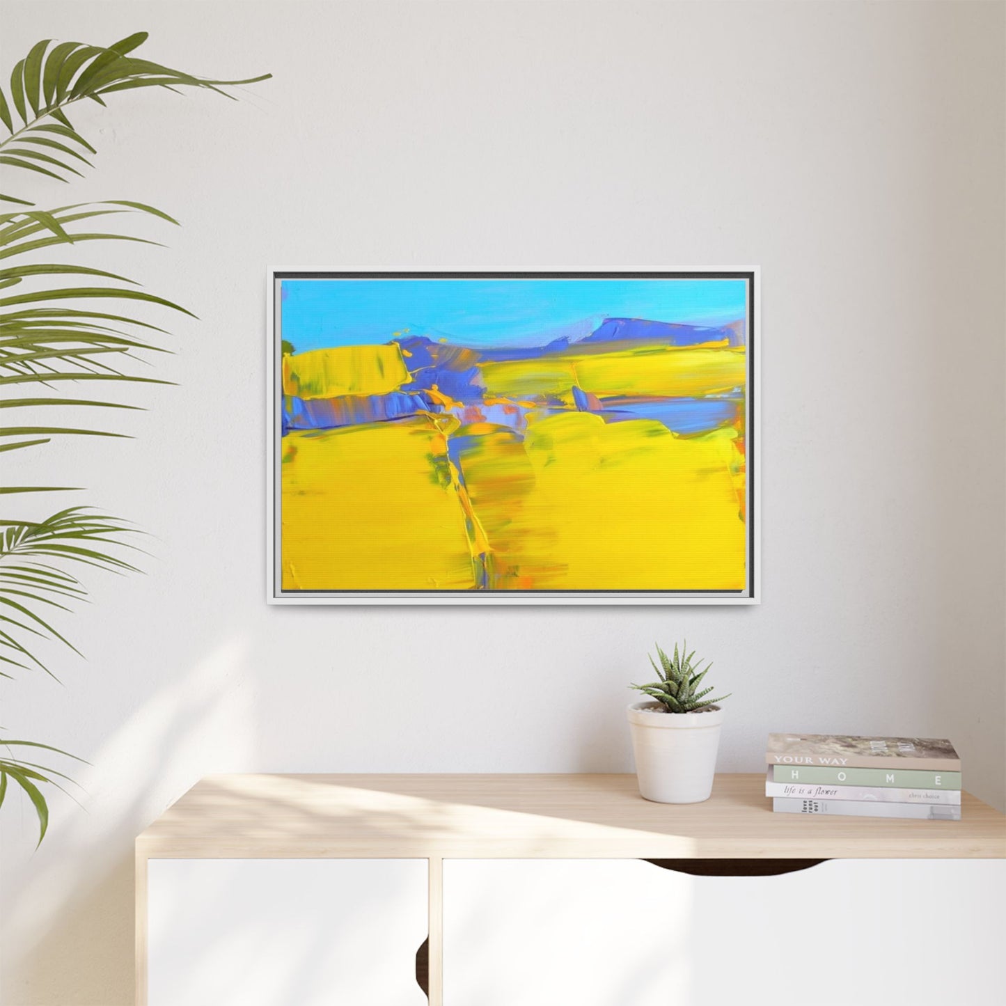 Framed Matte Canvas  Vibrant Yellow Blue Abstract Landscape Art
