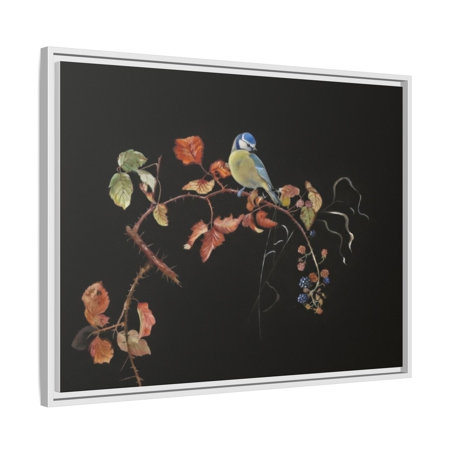 Framed Matte Canvas - Blue Tit on Autumn Branch Wall Art